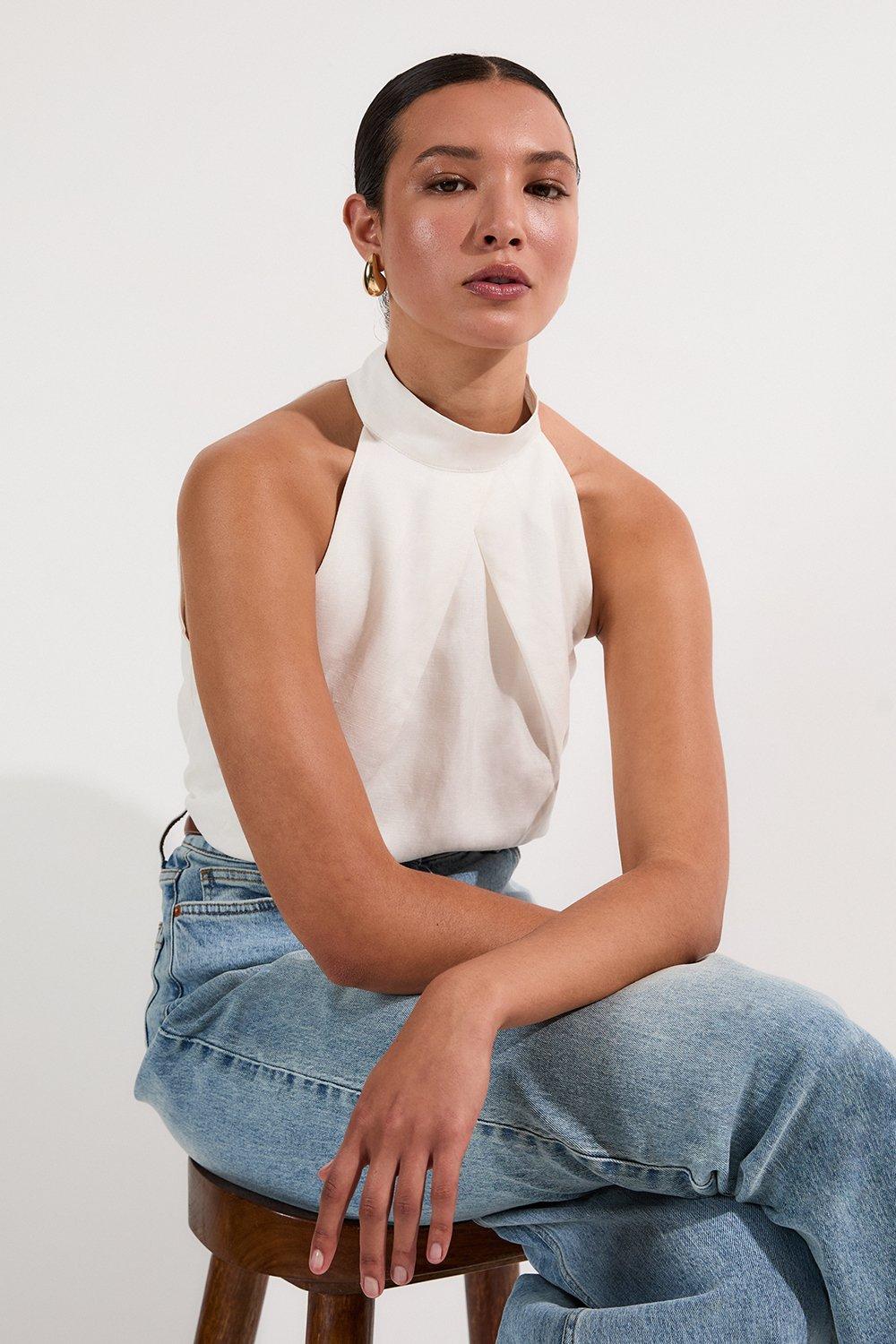 Viscose Linen Cross Front Halter Neck Woven Top - White