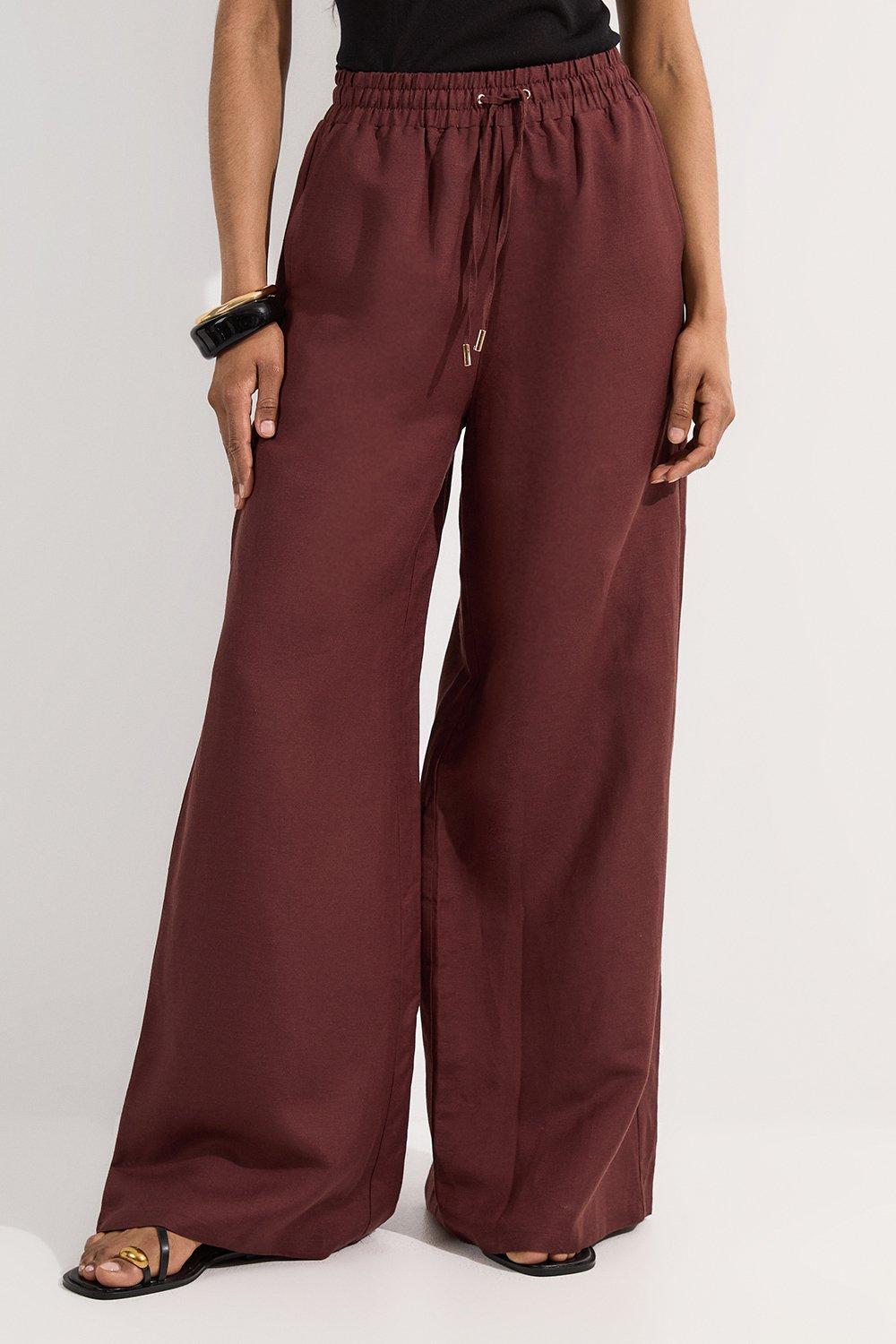 Viscose Linen Tie Waist Woven Trouser - Brown