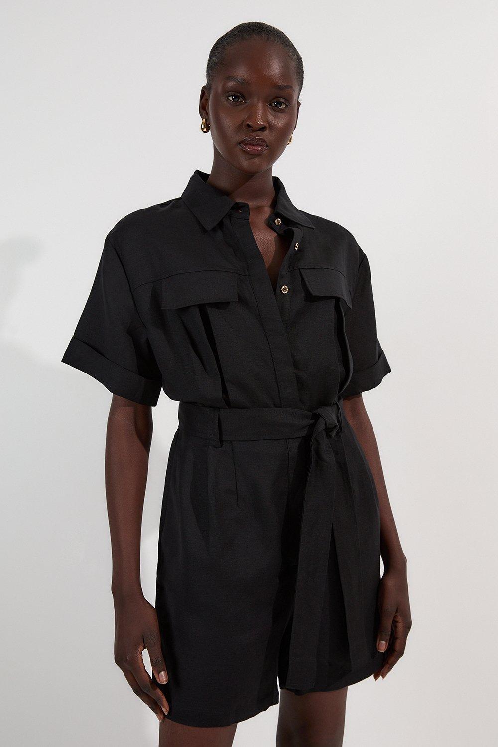 Viscose Linen Woven Belted Playsuit - Black