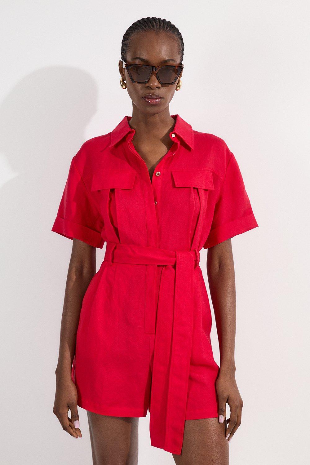 Viscose Linen Woven Belted Playsuit - Red