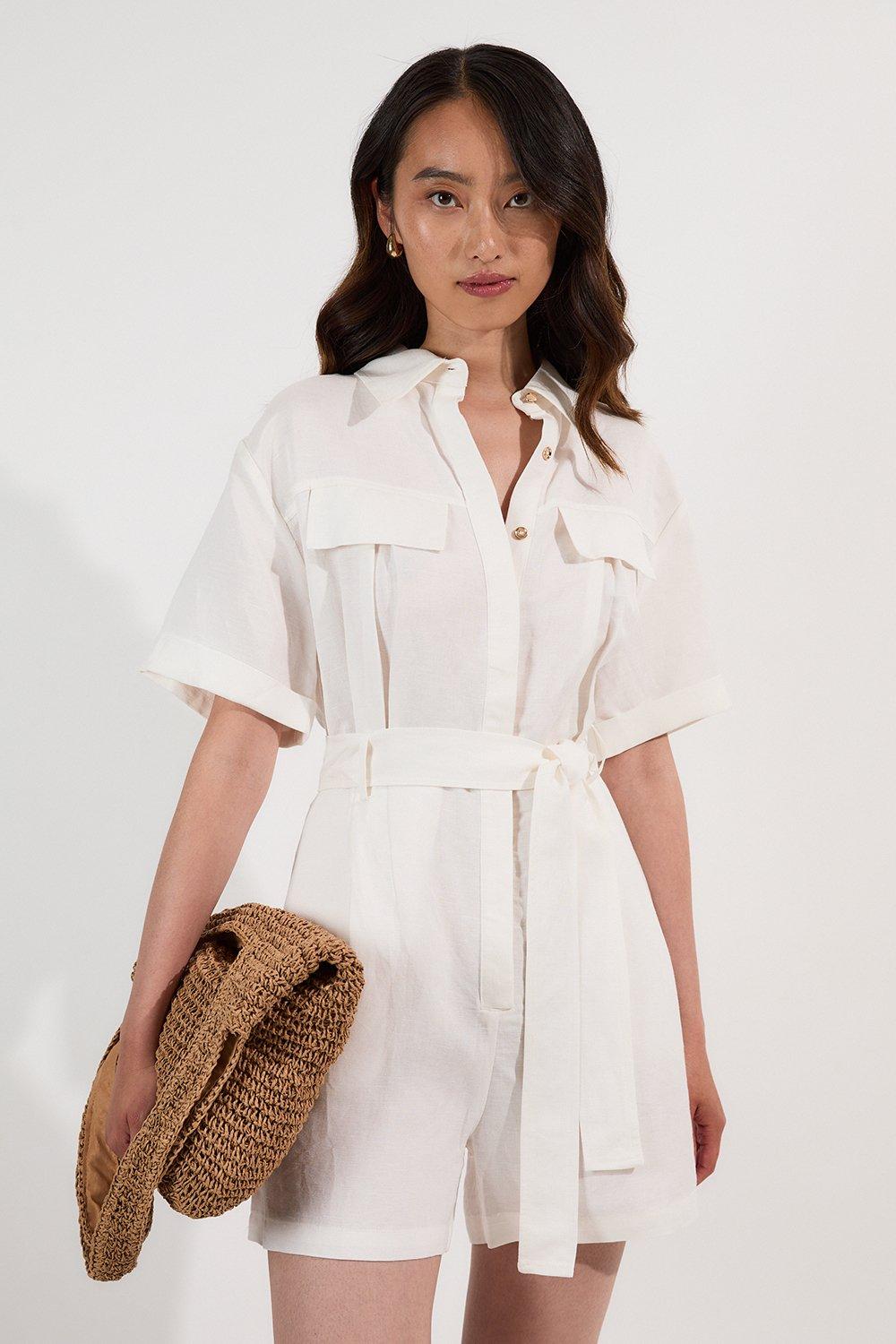 Viscose Linen Woven Belted Playsuit – White
