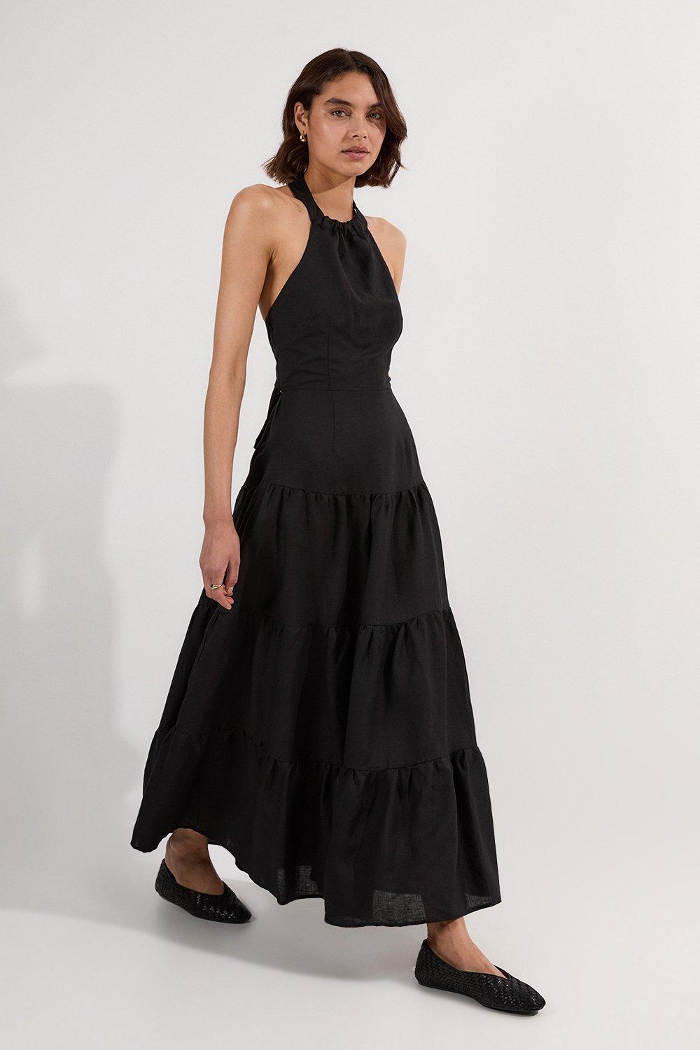 Viscose Linen Halter Tiered Woven Maxi Dress - Black