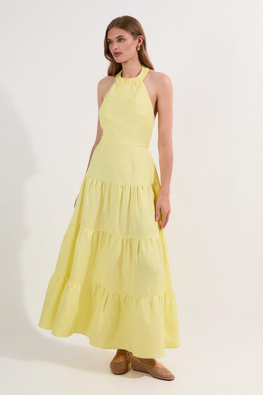 Viscose Linen Halter Tiered Woven Maxi Dress - Green