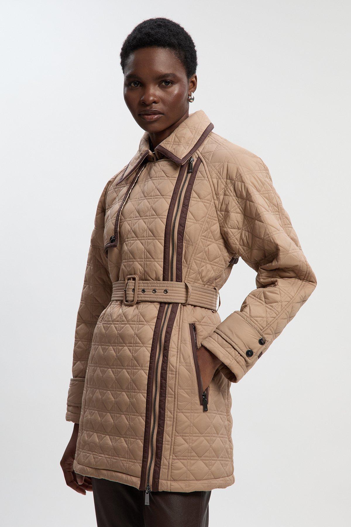 Diamond Quilted Belted Short Puffer Trench Jacket - Camel