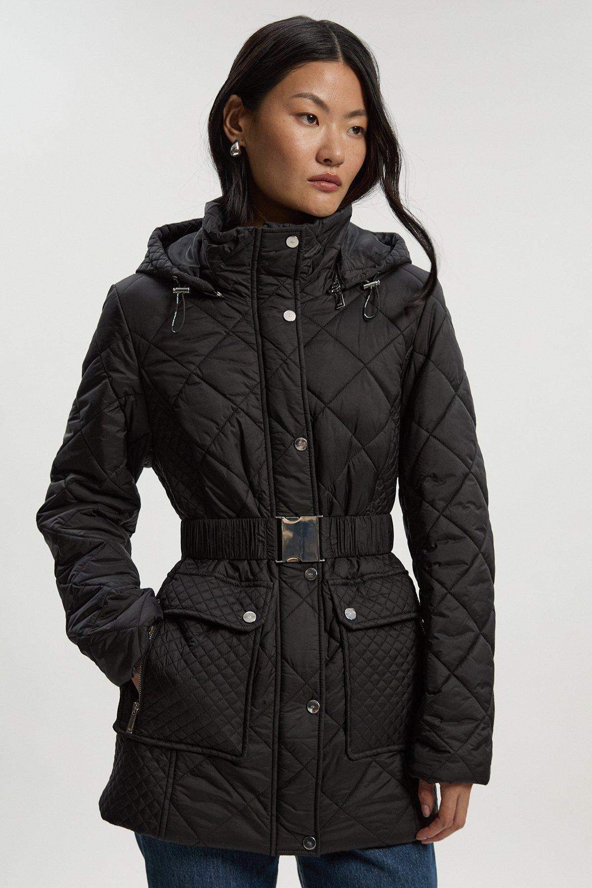 Diamond Quilted Belted Short Padded Coat - Black