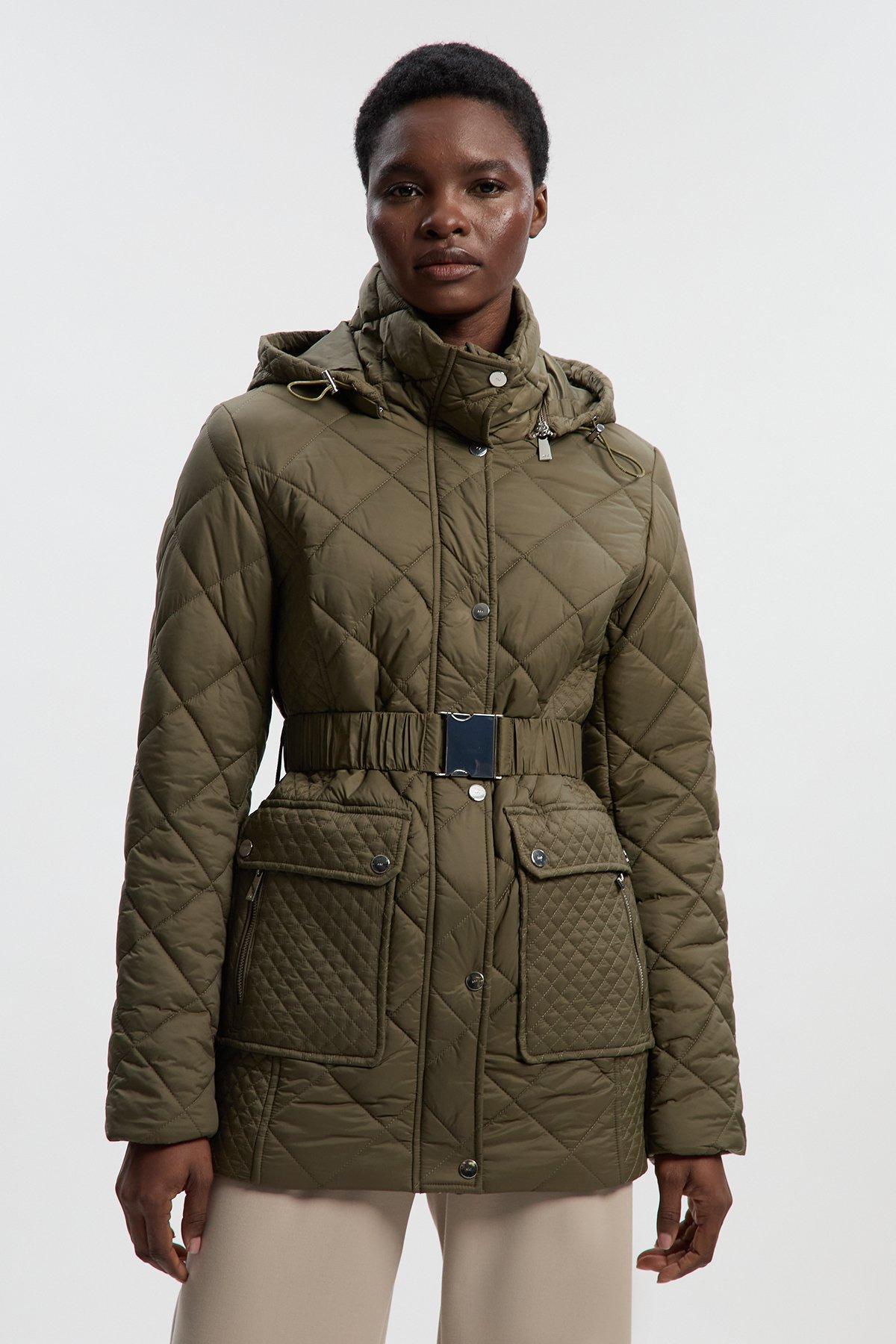 Diamond Quilted Belted Short Padded Coat - Khaki/Green