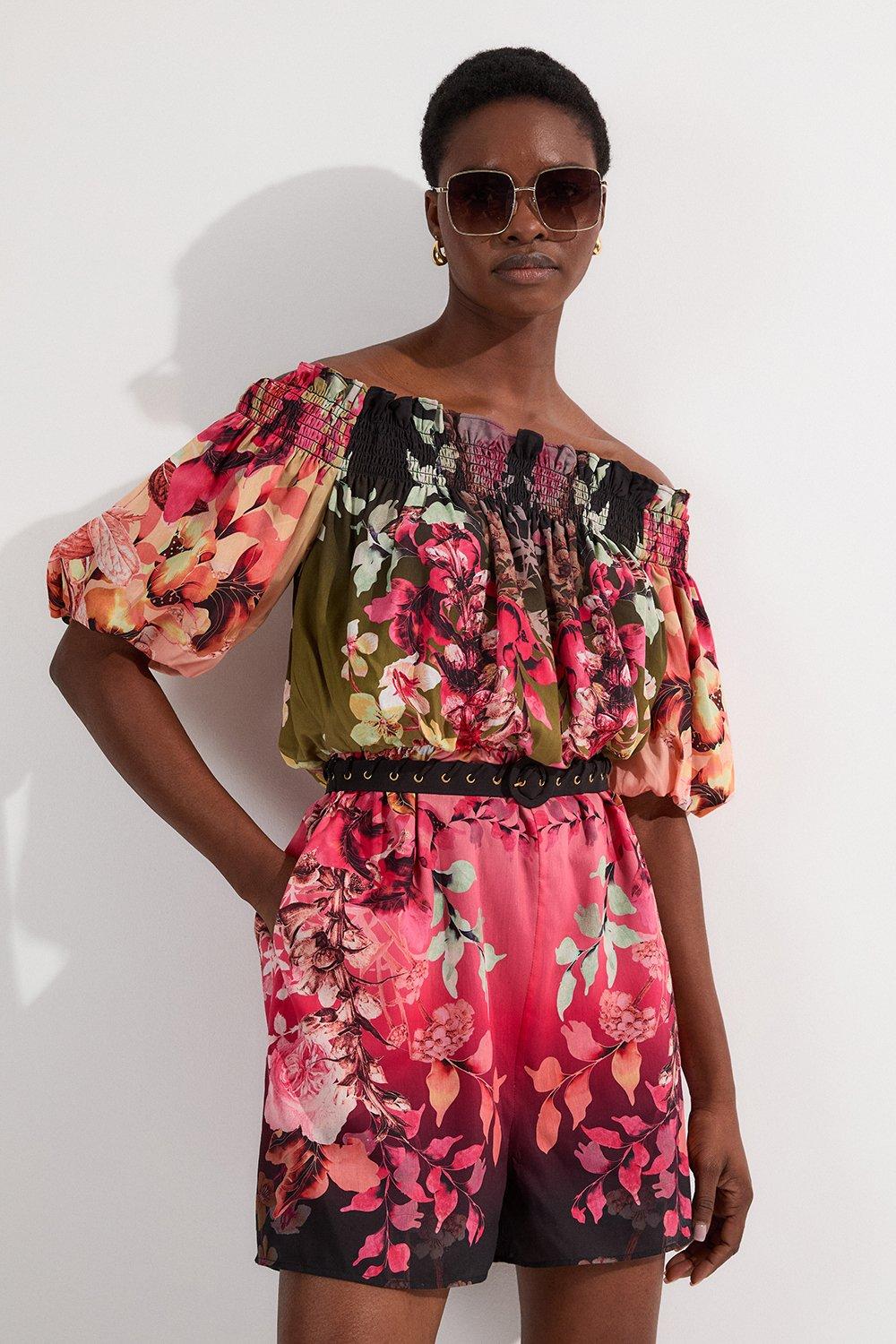 Petite Voile Mirrored Woven Bardot Playsuit - Floral