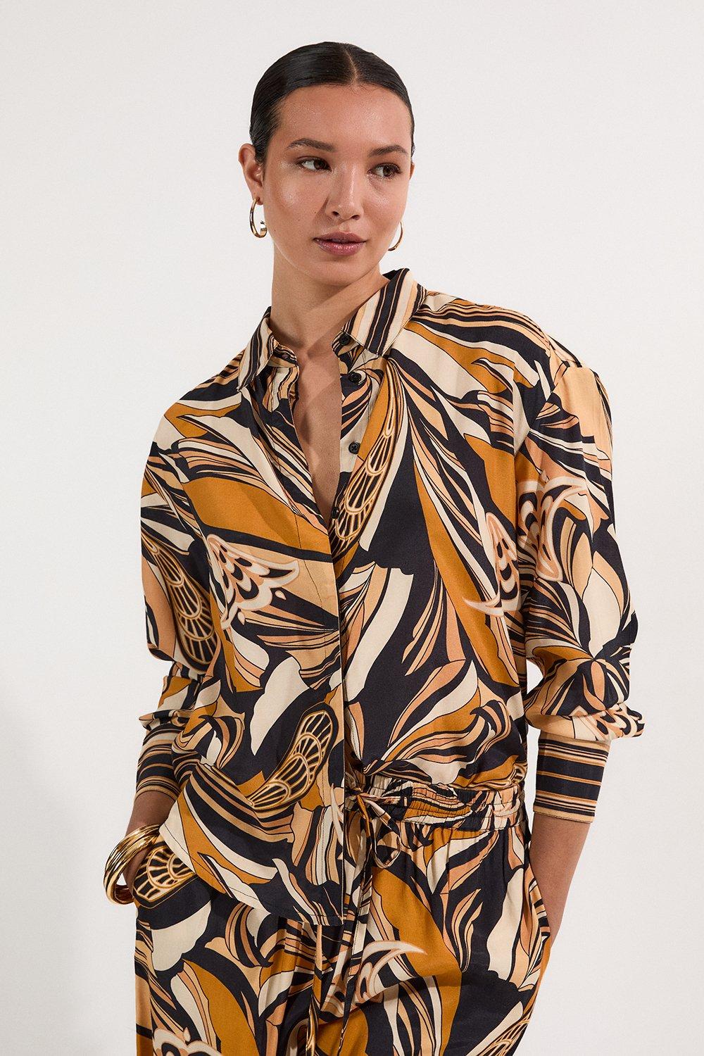 Beach Border Print Spun Viscose Shirt - Tan