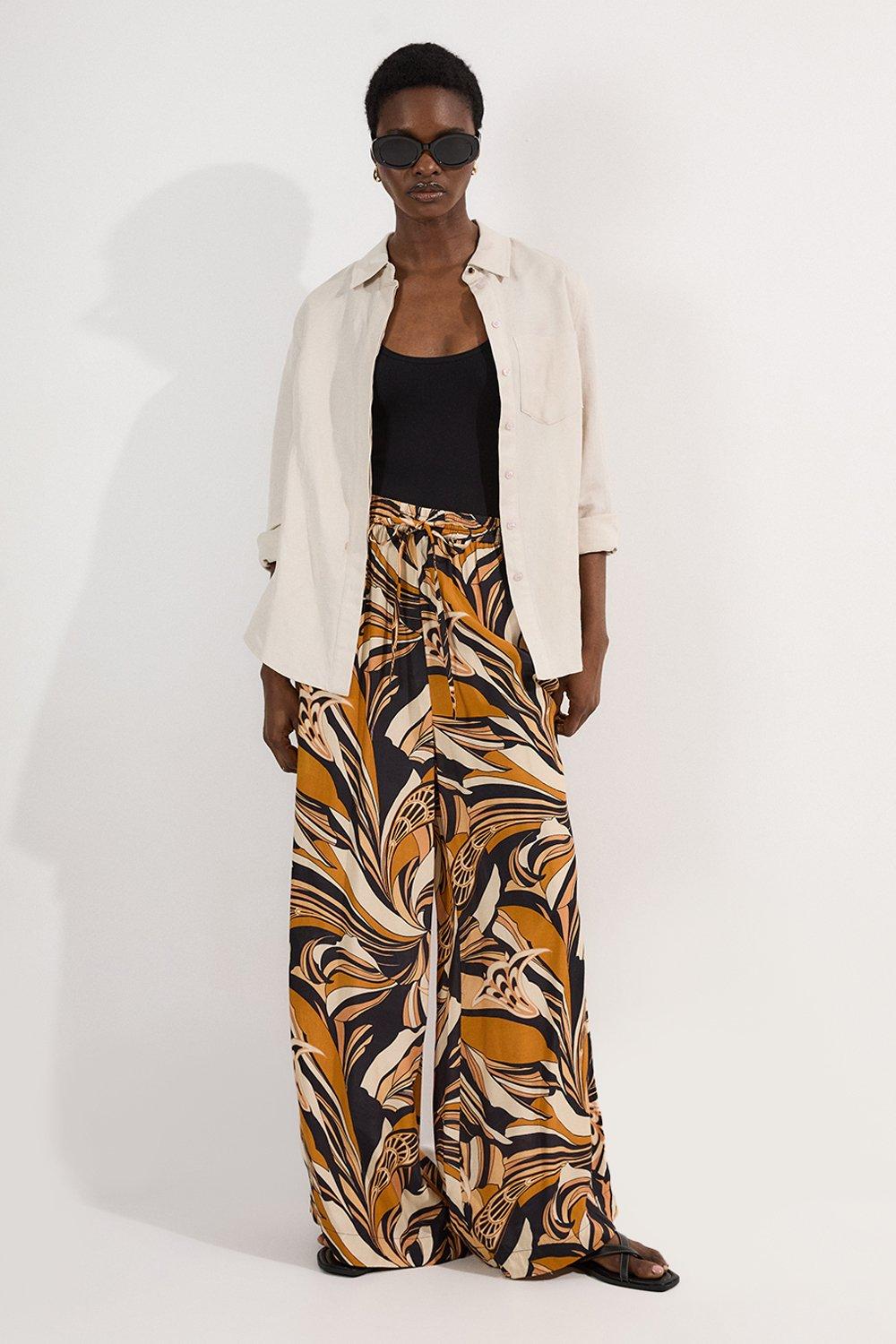 Beach Border Print Spun Viscose Tie Waist Wide Leg Trousers - Tan