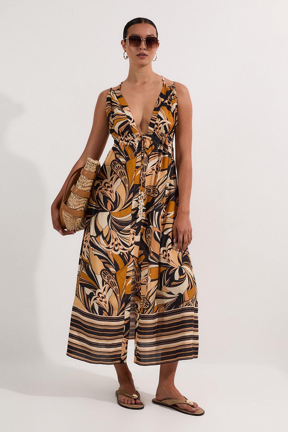 Petite Beach Border Print Spun Viscose Strappy Maxi Dress - Tan