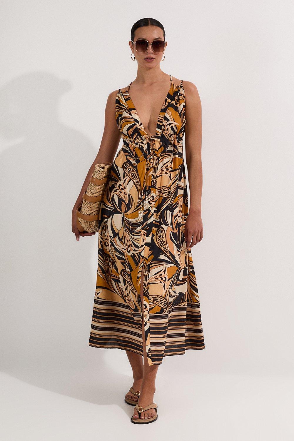 Beach Border Print Spun Viscose Strappy Maxi Dress - Tan