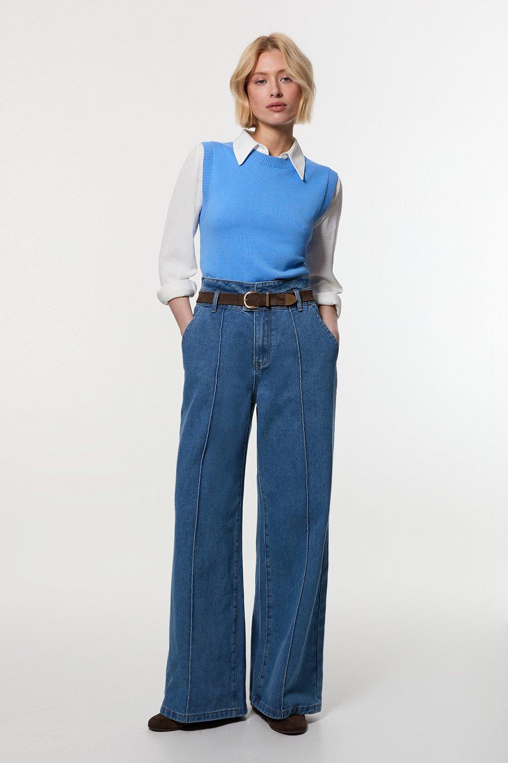 Petite Denim Waistband Detail Wide Leg Trousers - Mid Blue