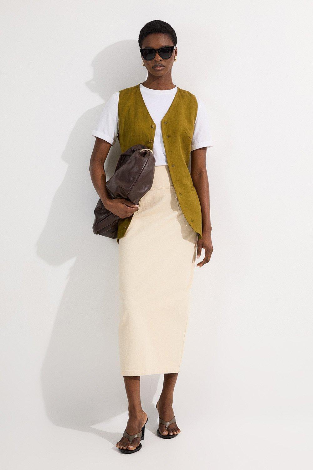Petite Corset Waist Denim Midi Skirt - Cream