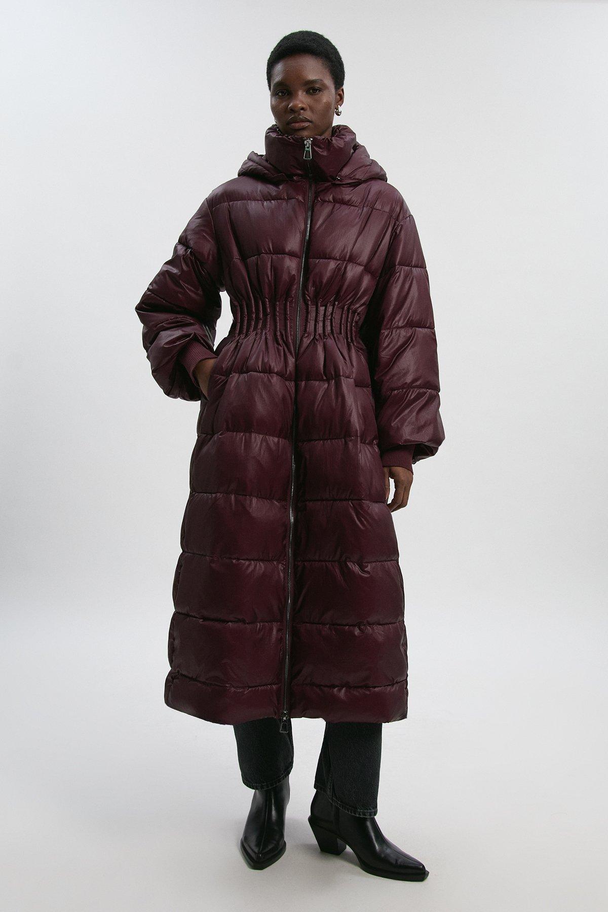 Quilted Drawstring Waist Hooded Rib Cuff Maxi Puffer Coat - Red