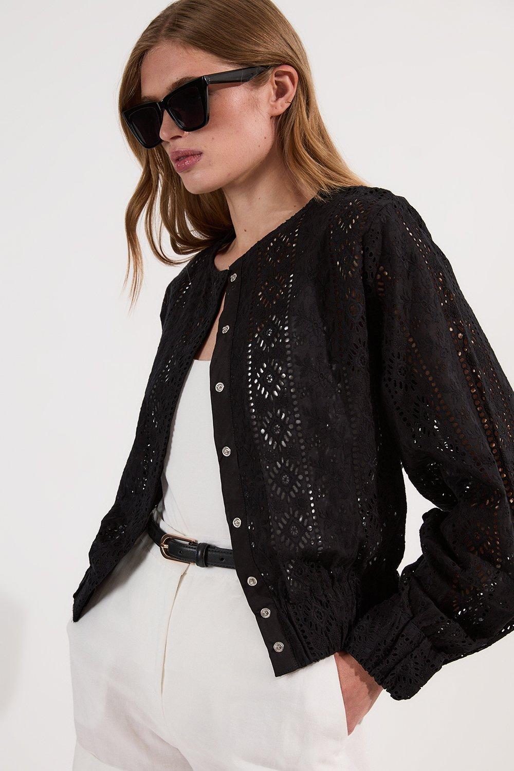Cotton Broderie Woven Bomber Jacket - Black