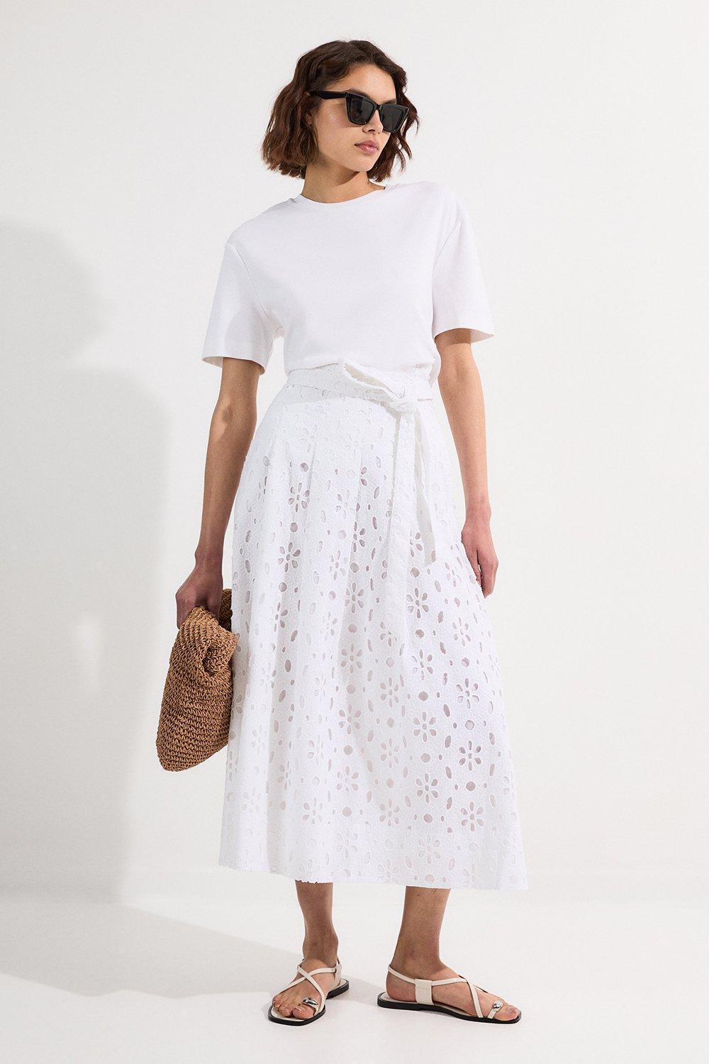 Cotton Broderie Woven Maxi Skirt - White