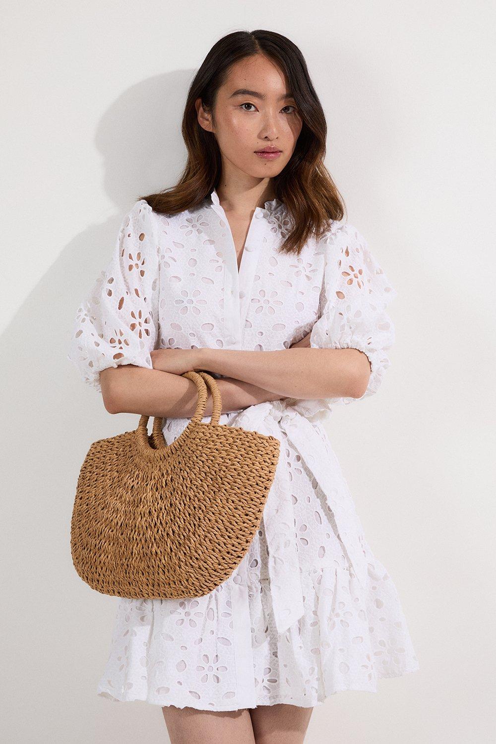 Cotton Broderie Belted Woven Mini Dress - White