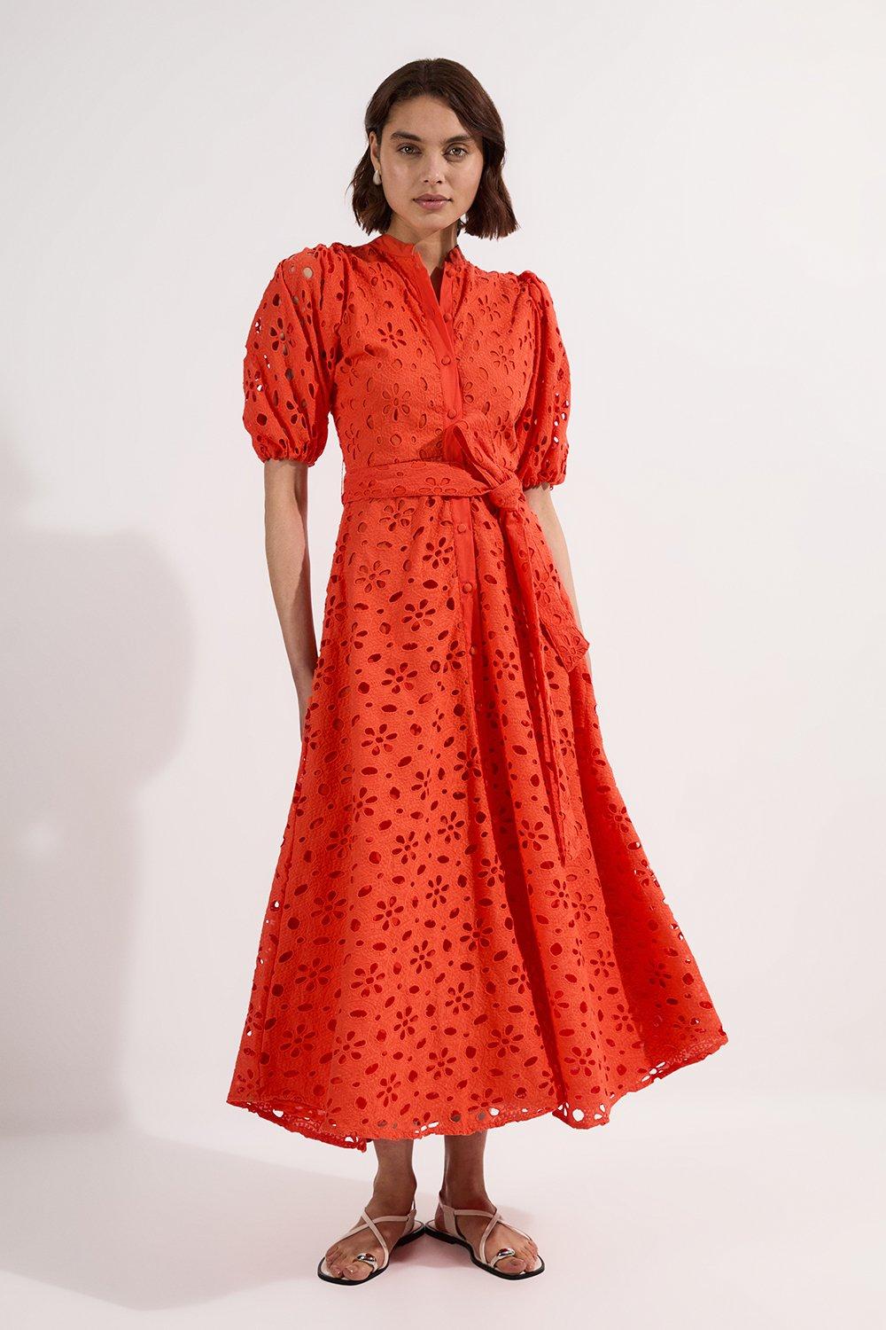 Cotton Broderie Belted Short Sleeve Woven Midi Dress - Orange