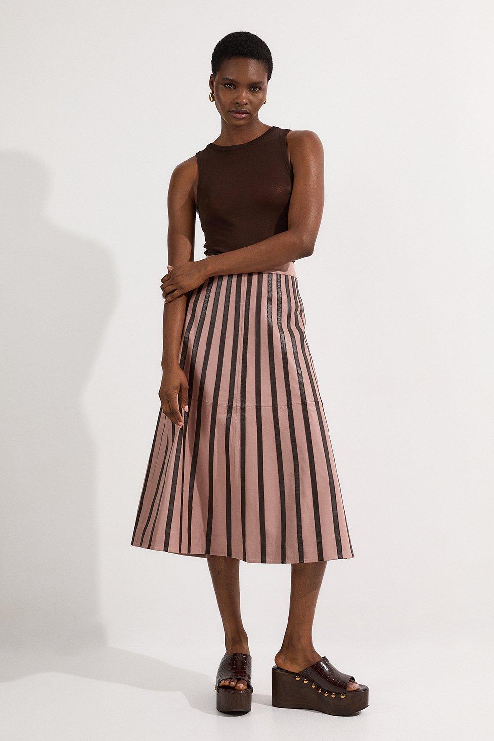 Leather Stripe Mix Full Midi Skirt - Pink