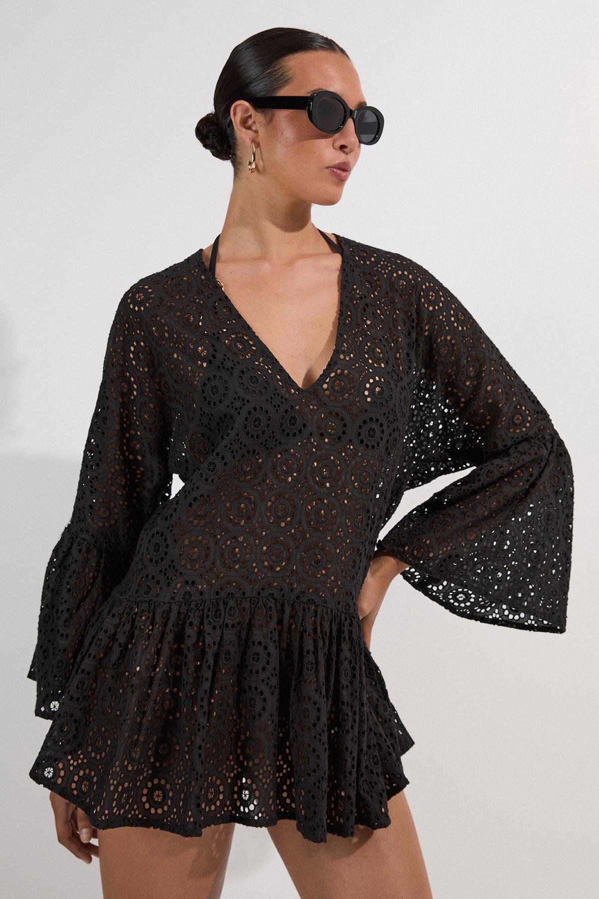 Cotton Broderie Beach Mini Kimono - Black