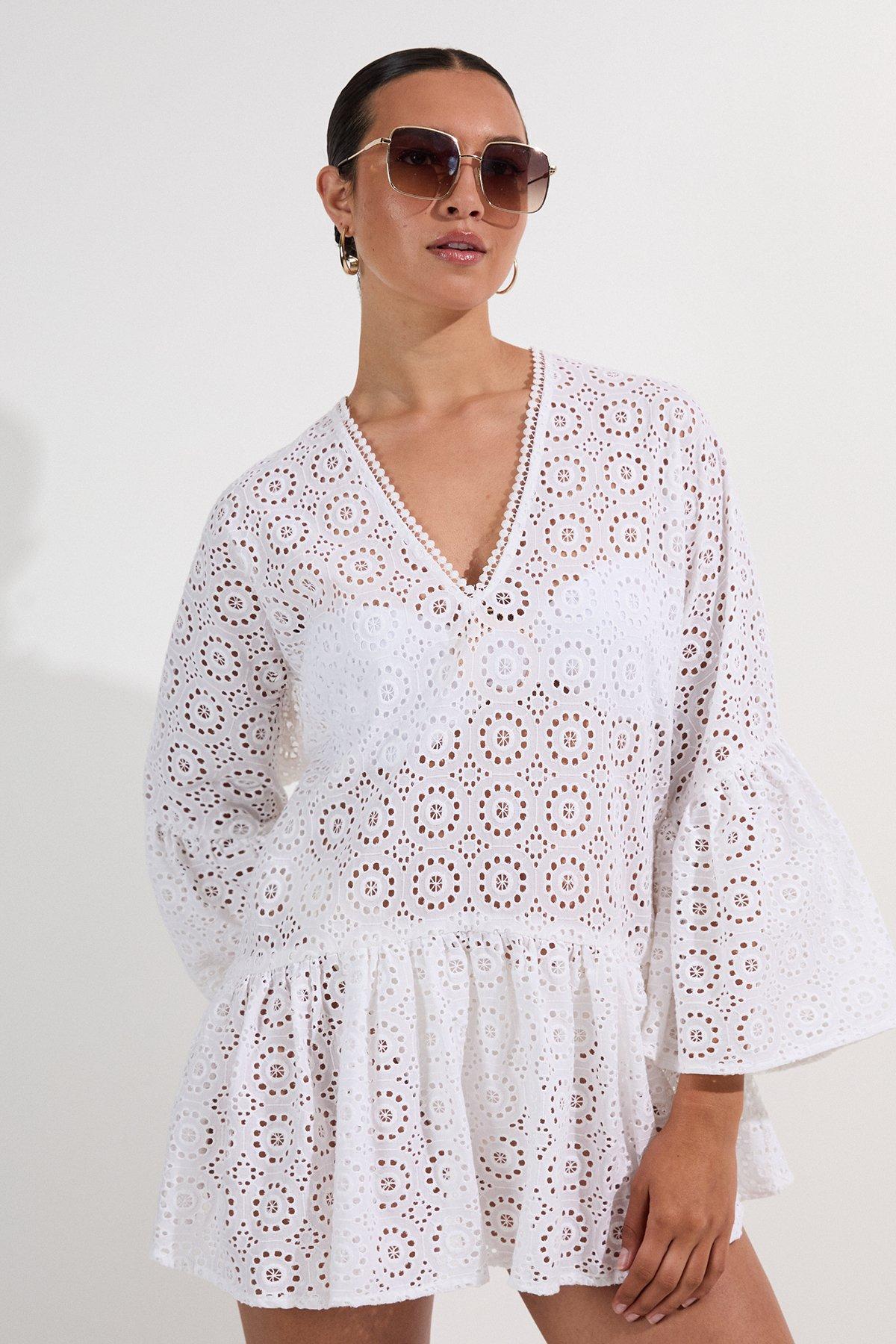 Cotton Broderie Beach Mini Kimono - White