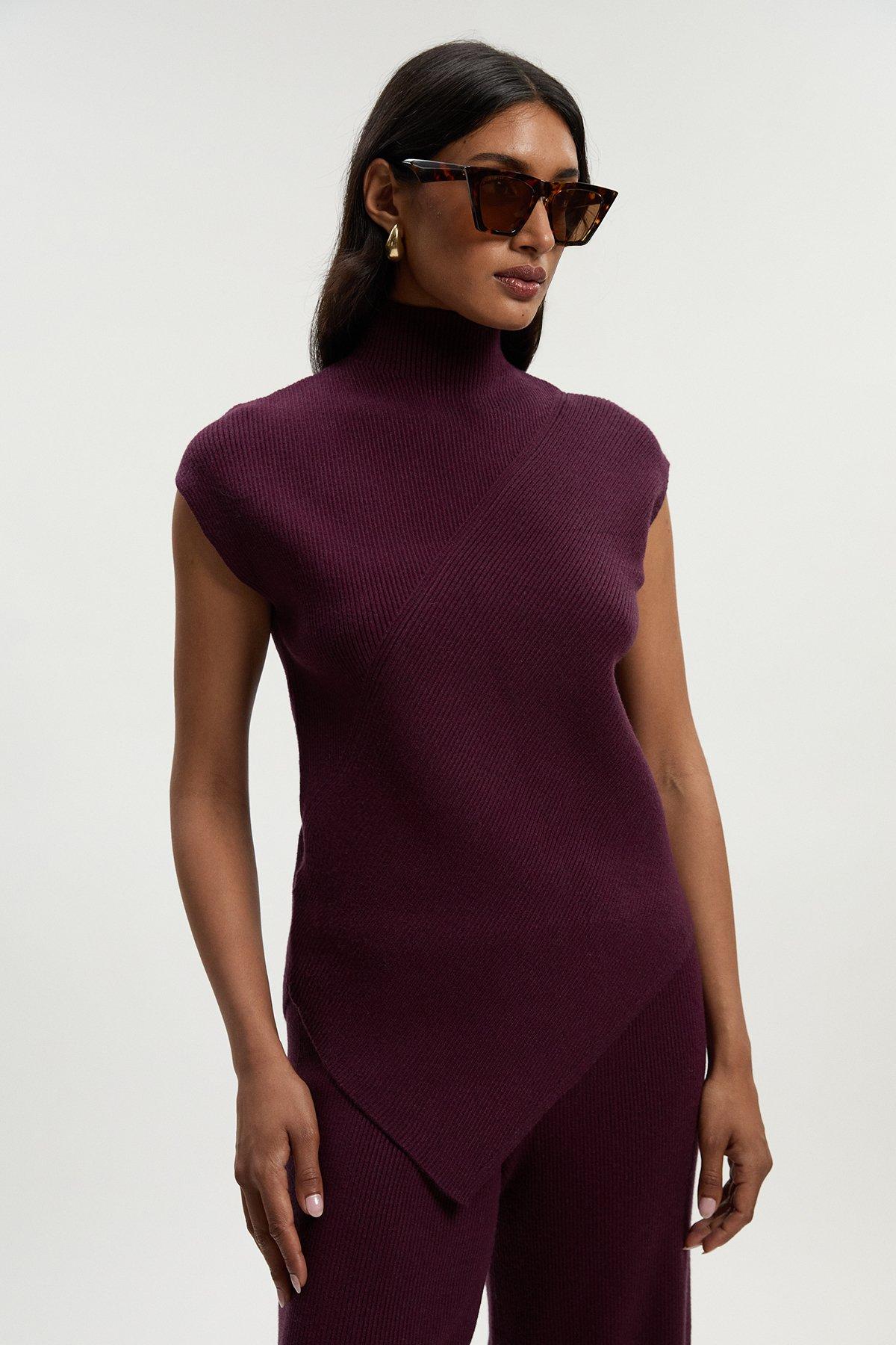 Soft Ribbed Asymmetric Hem Knitted Top - Red