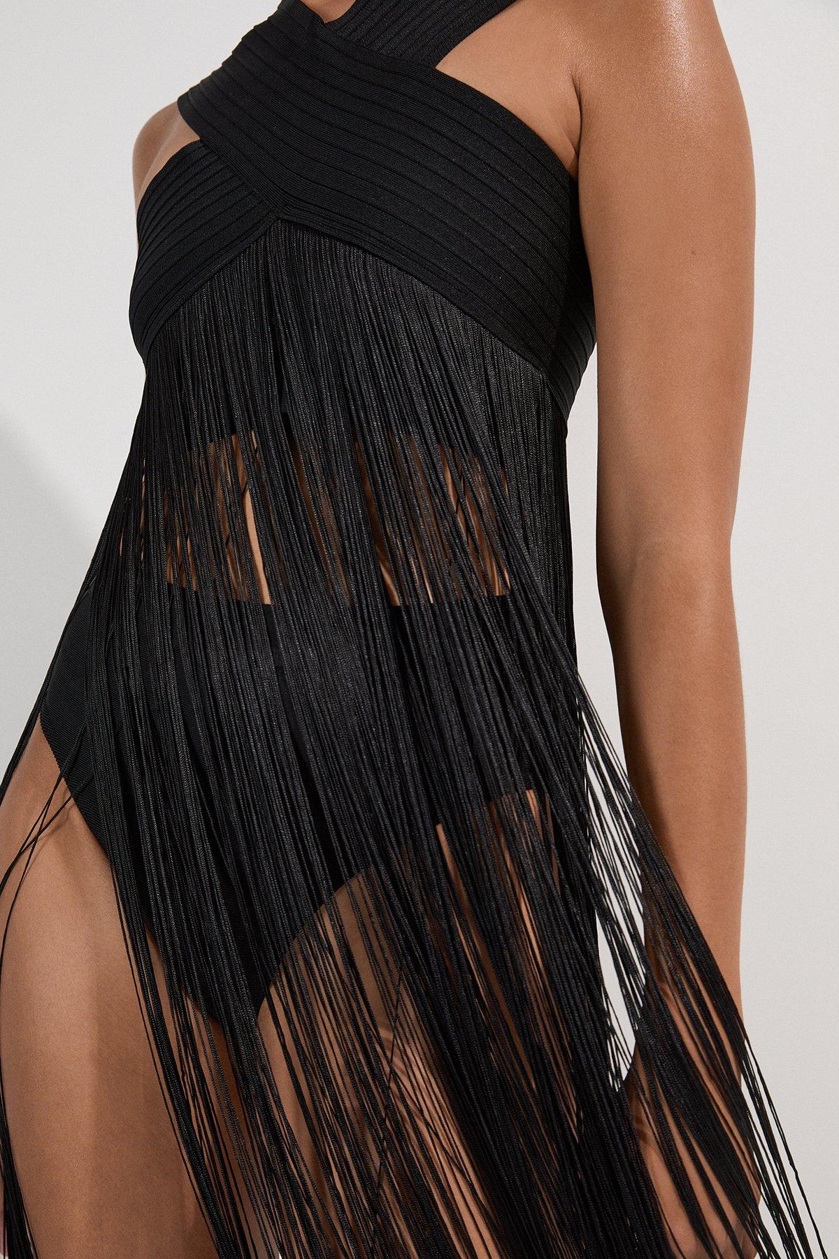 Bandage V Neck Cut Out Fringed Bikini Top - Black
