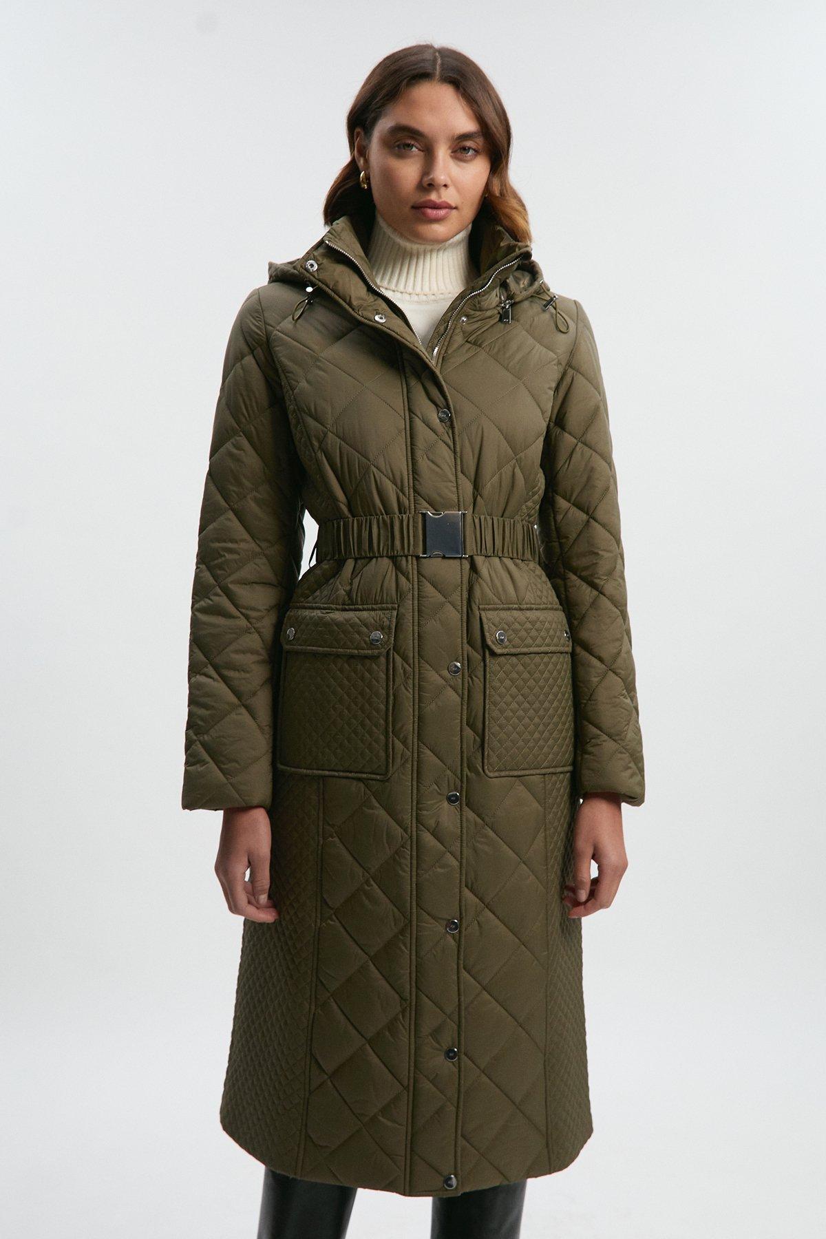 Quilted Hooded Longline Coat - Khaki/Green