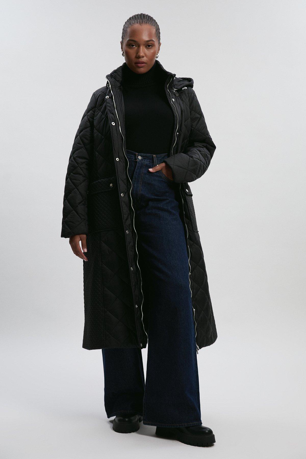 Plus Size Quilted Hooded Longline Coat - Black