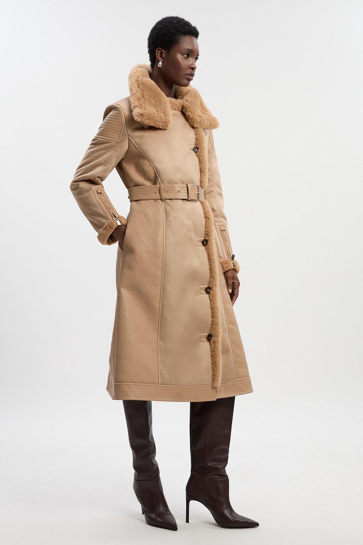 Petite Faux Shearling Biker Longline Coat - Brown