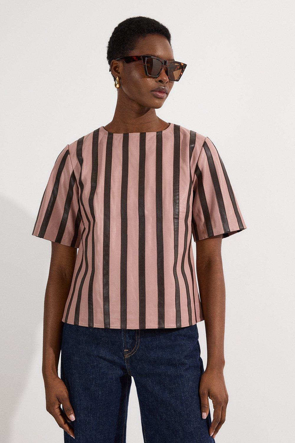 Leather Stripe Mix Top - Pink