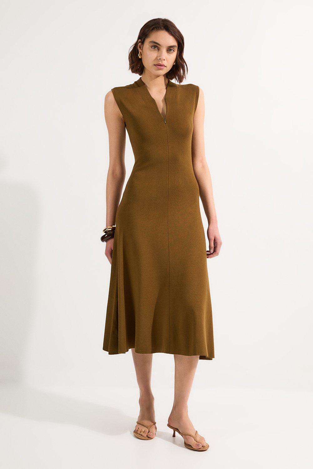 Viscose Blend Zip Front Sleeveless Knitted Midi Dress - Olive
