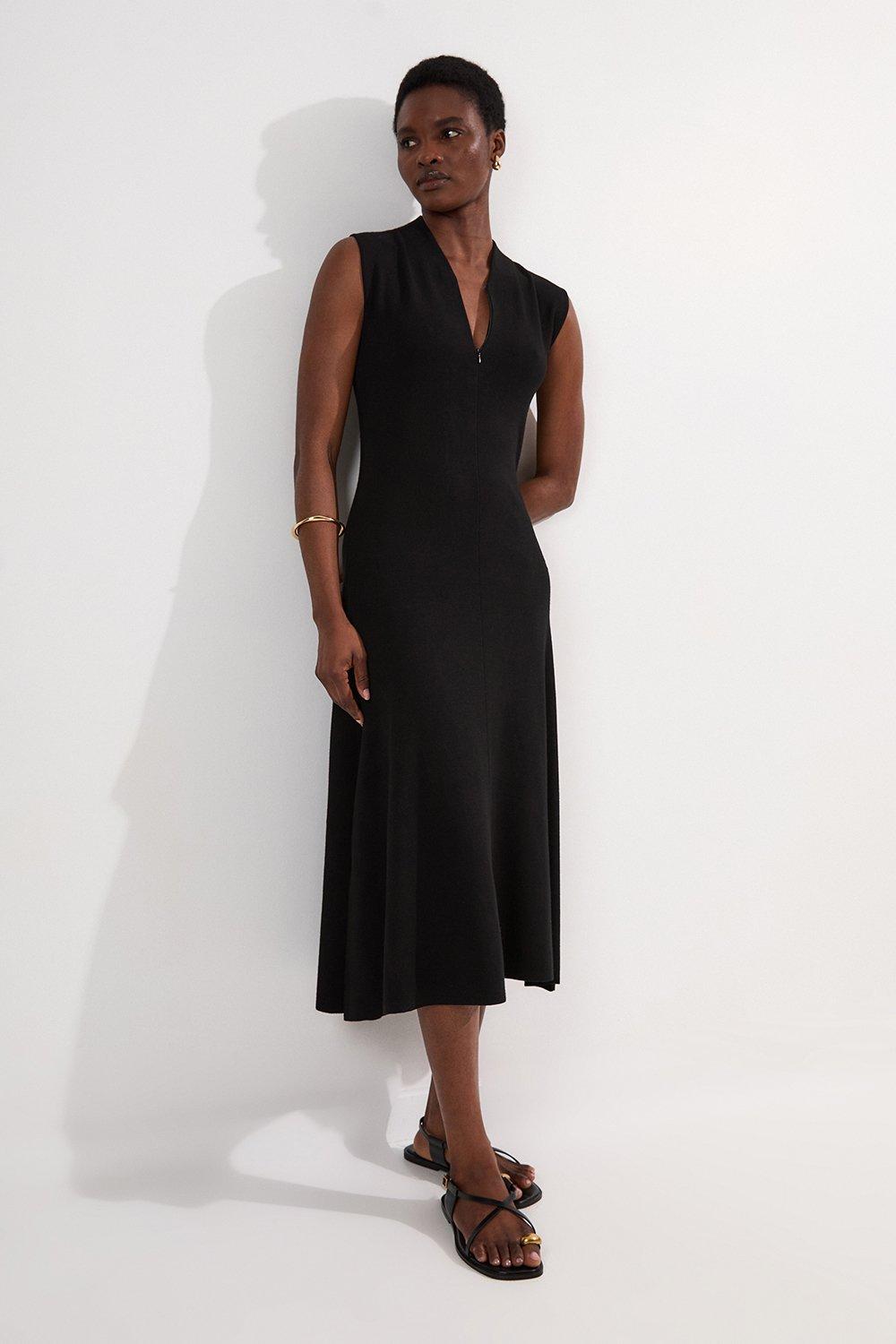 Petite Viscose Blend Zip Front Sleeveless Knitted Midi Dress - Black