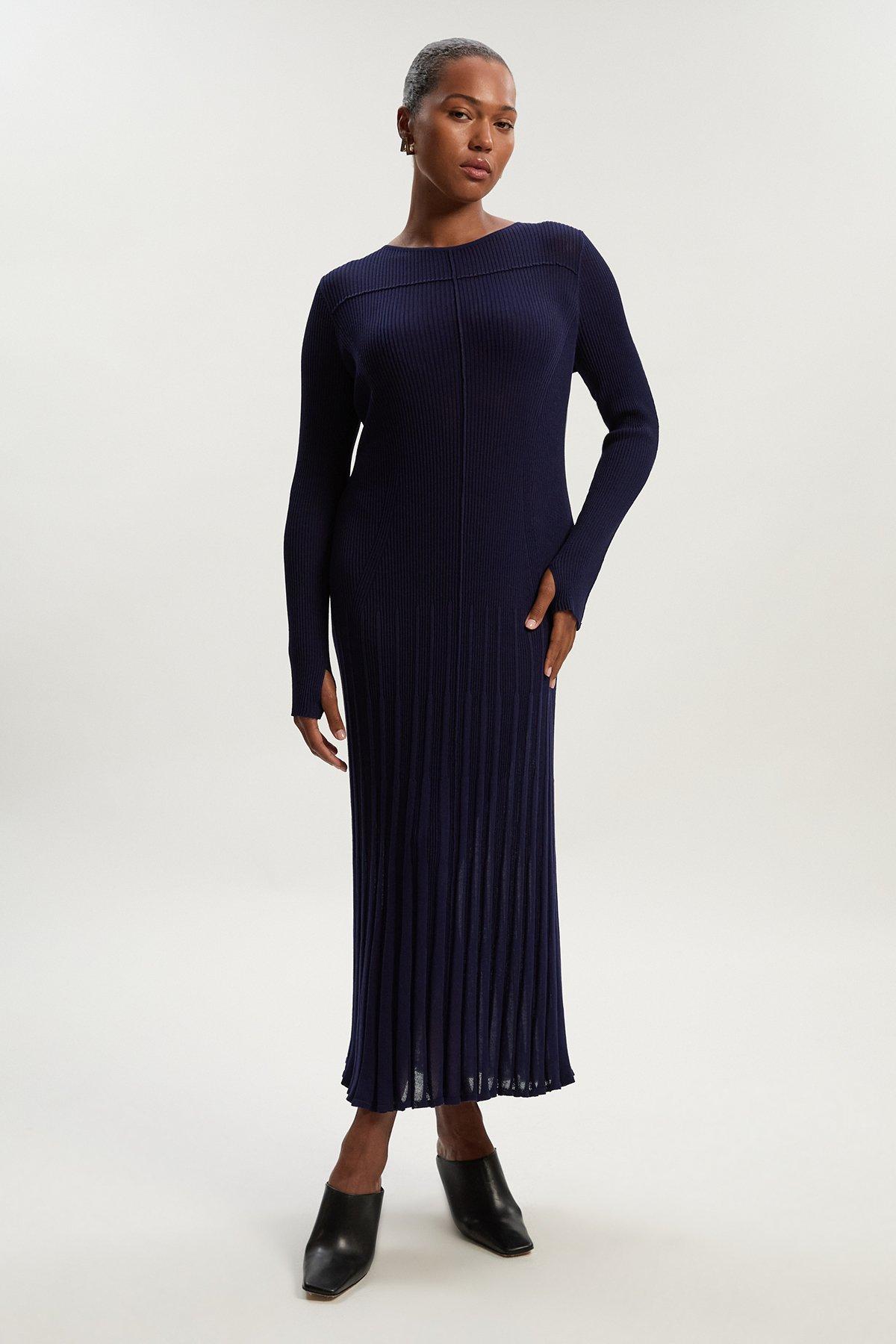 Plus Size Drapey Sheer Rib Knitted Midi Dress - Navy