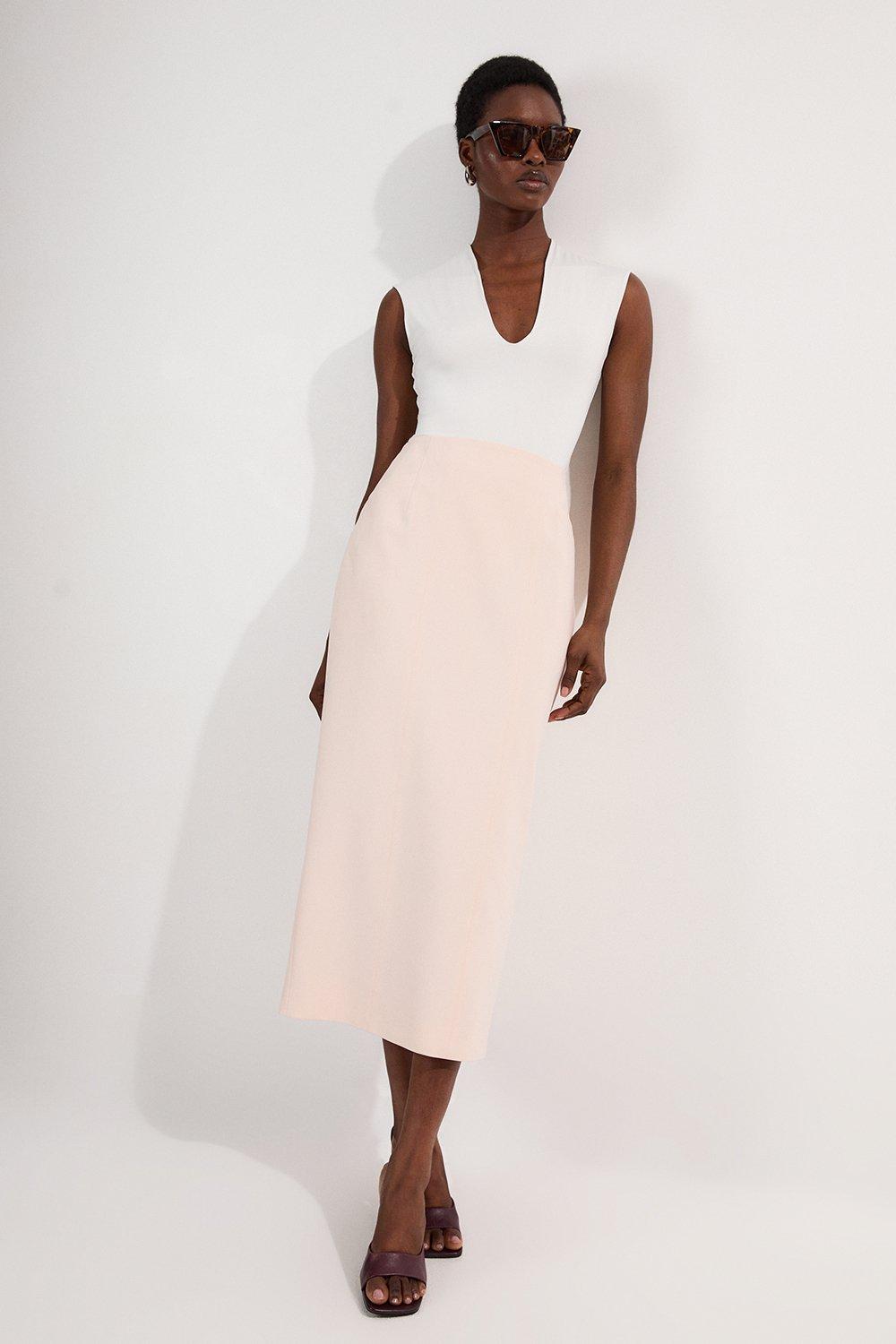 Compact Stretch Pocket Detail Tailored Midi Pencil Skirt - Ivory