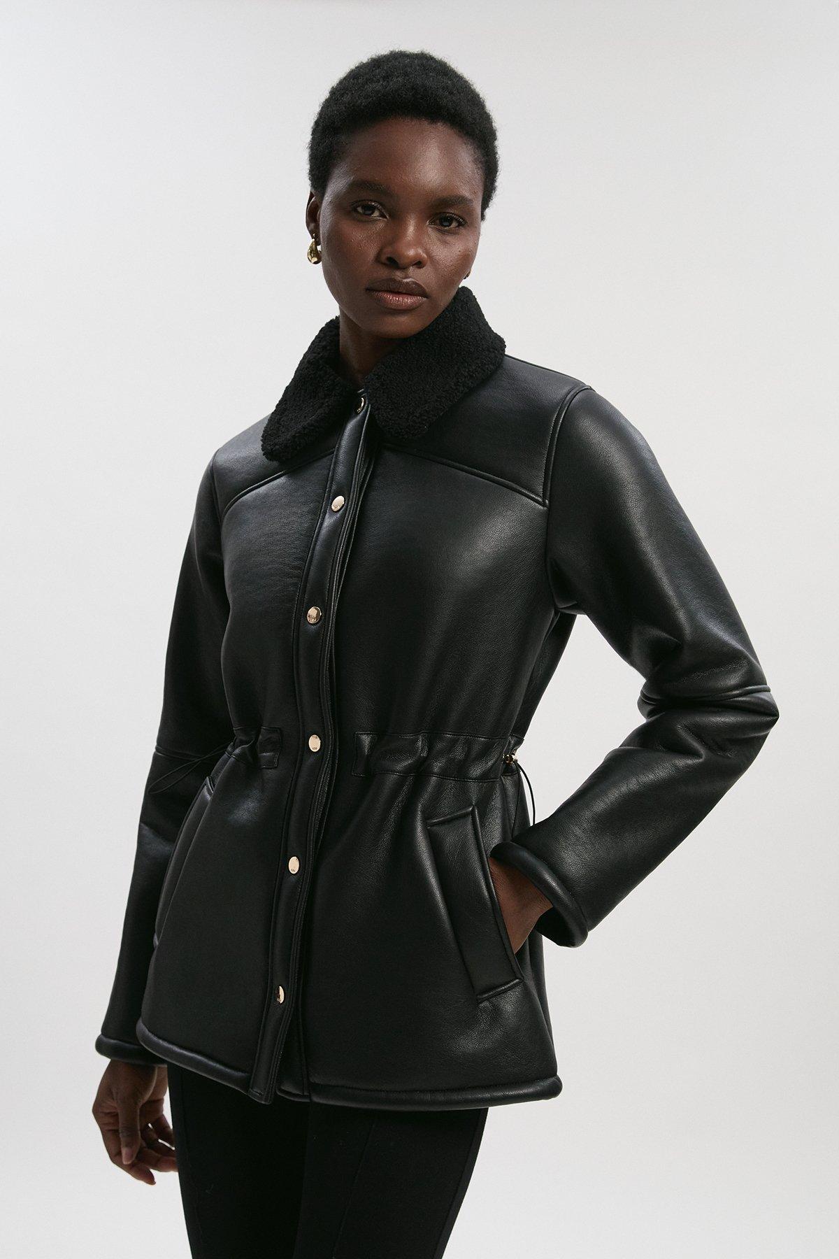 Faux Fur Collar Waisted Coat - Black