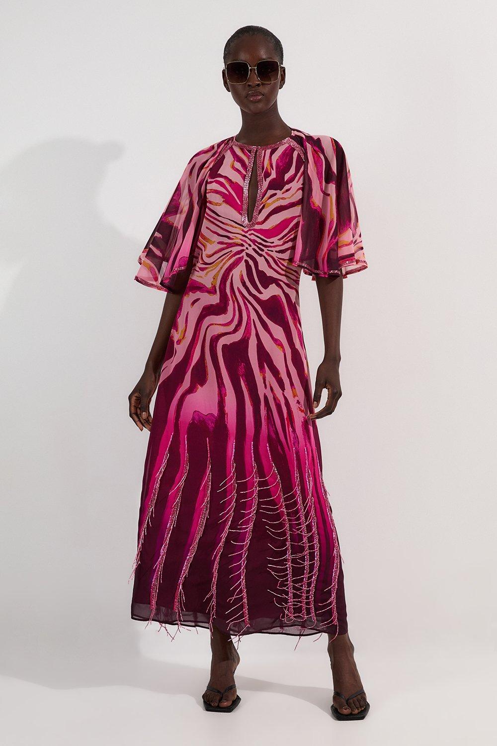 Animal Print Georgette Embellished Short Sleeve Woven Maxi Dress - Pink