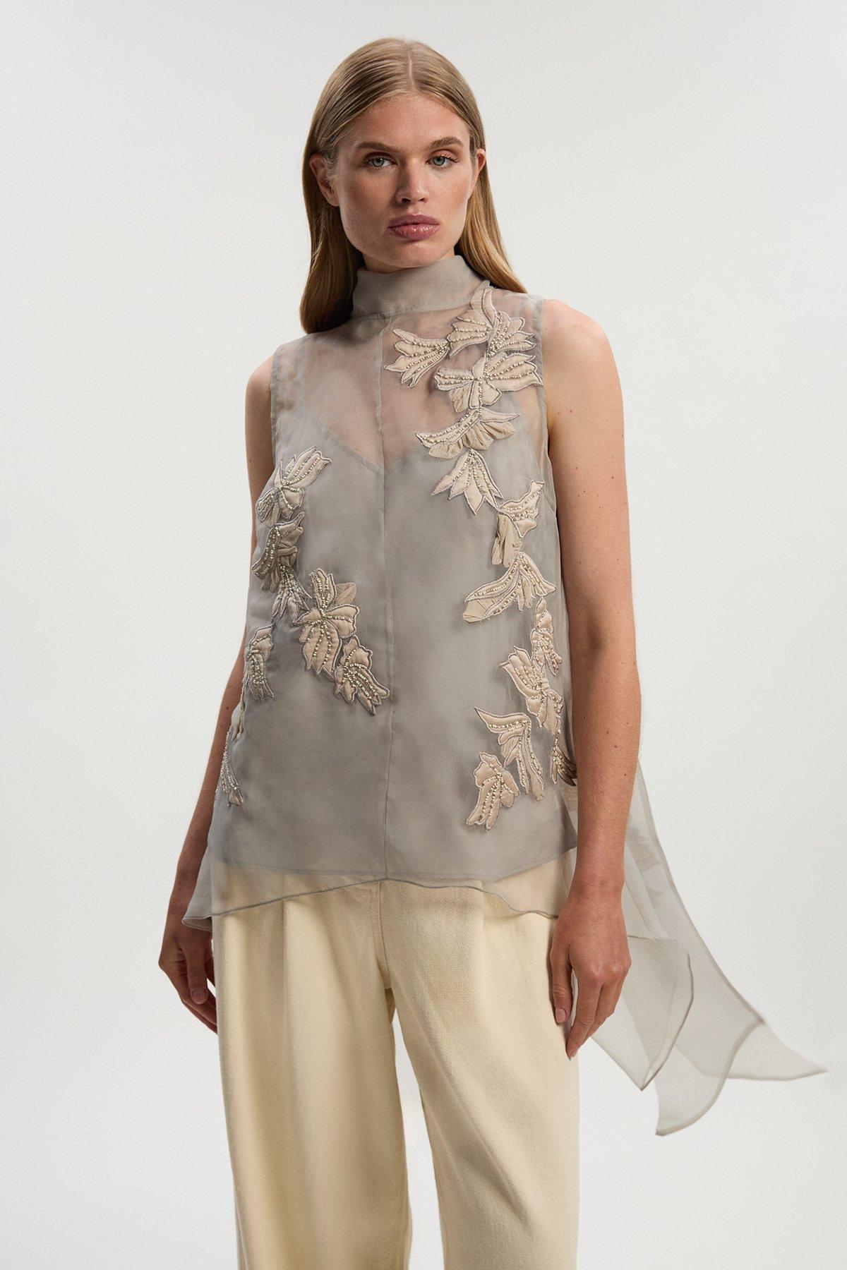 Quilted Applique Organdie Woven Drape Back Blouse - Silver