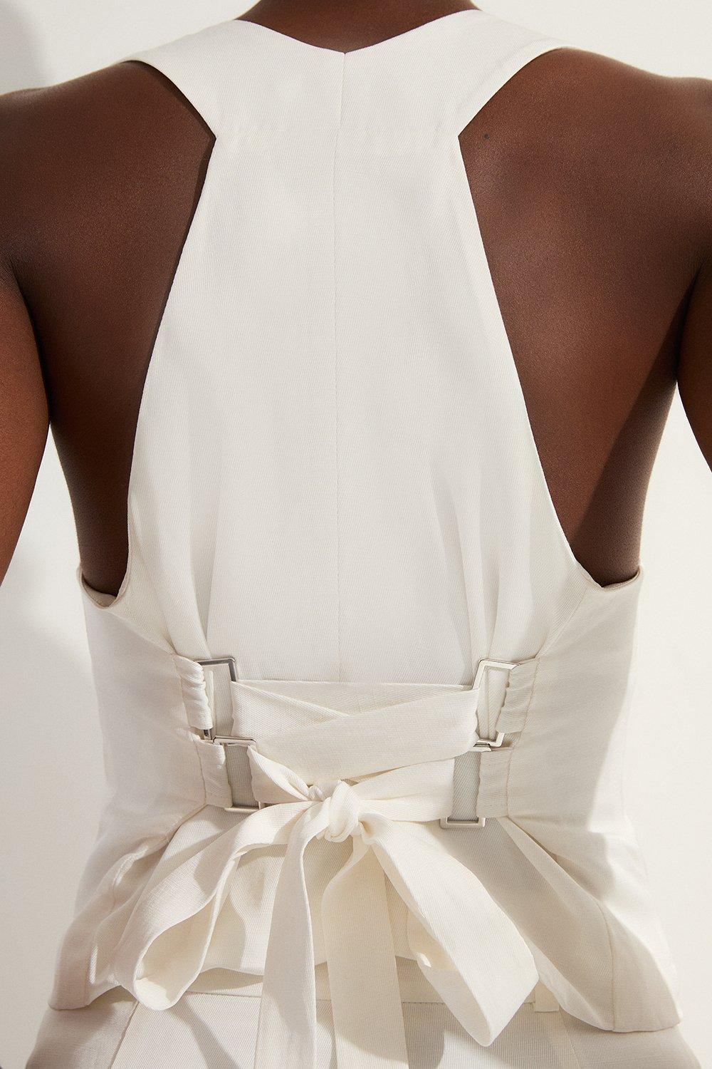 Petite Tailored Viscose Linen Corset Back Detail Waistcoat - Ivory