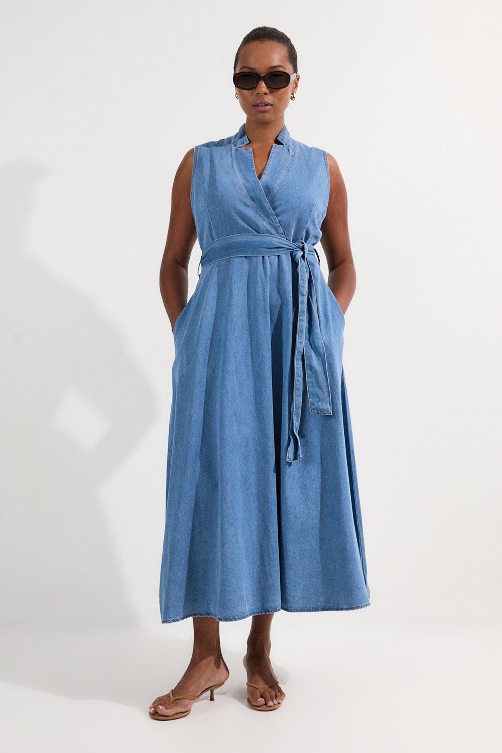 Plus Size Denim Tailored Notch Neck Belted Fluid Midi Dress - Mid Blue
