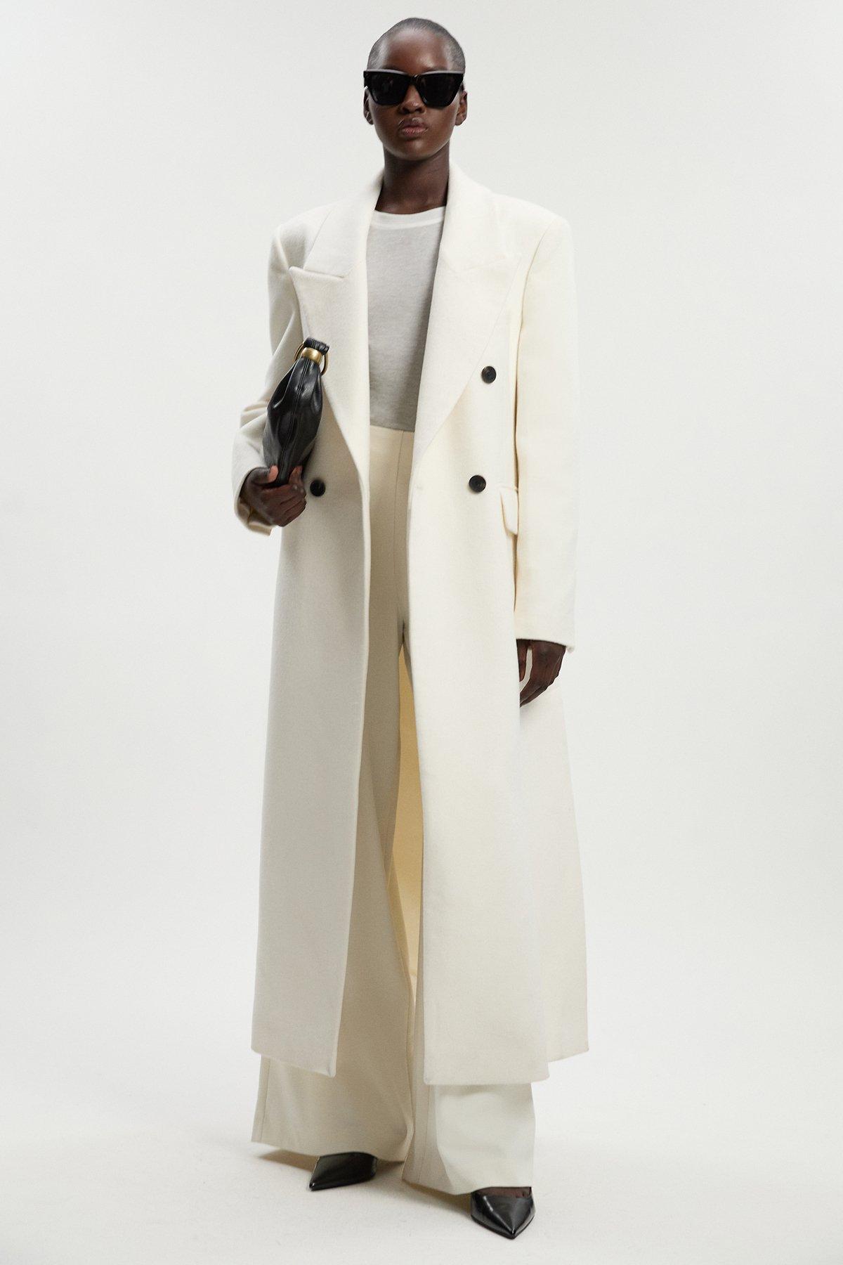 Brushed Wool Oversized Double Breasted Tailored Maxi Coat - Ivory