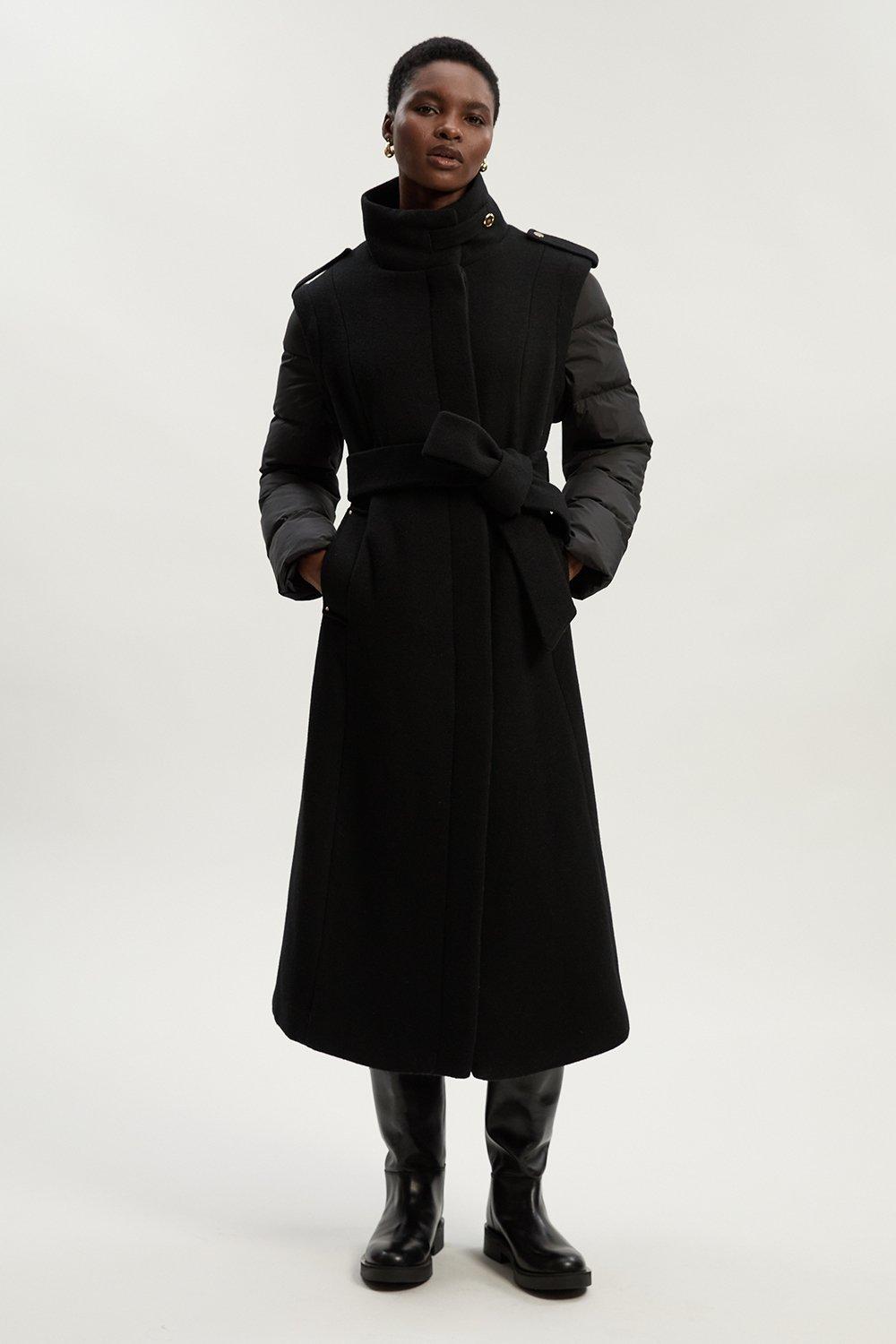 Wool Hybrid Puffer High Neck Belted Midi Coat - Black