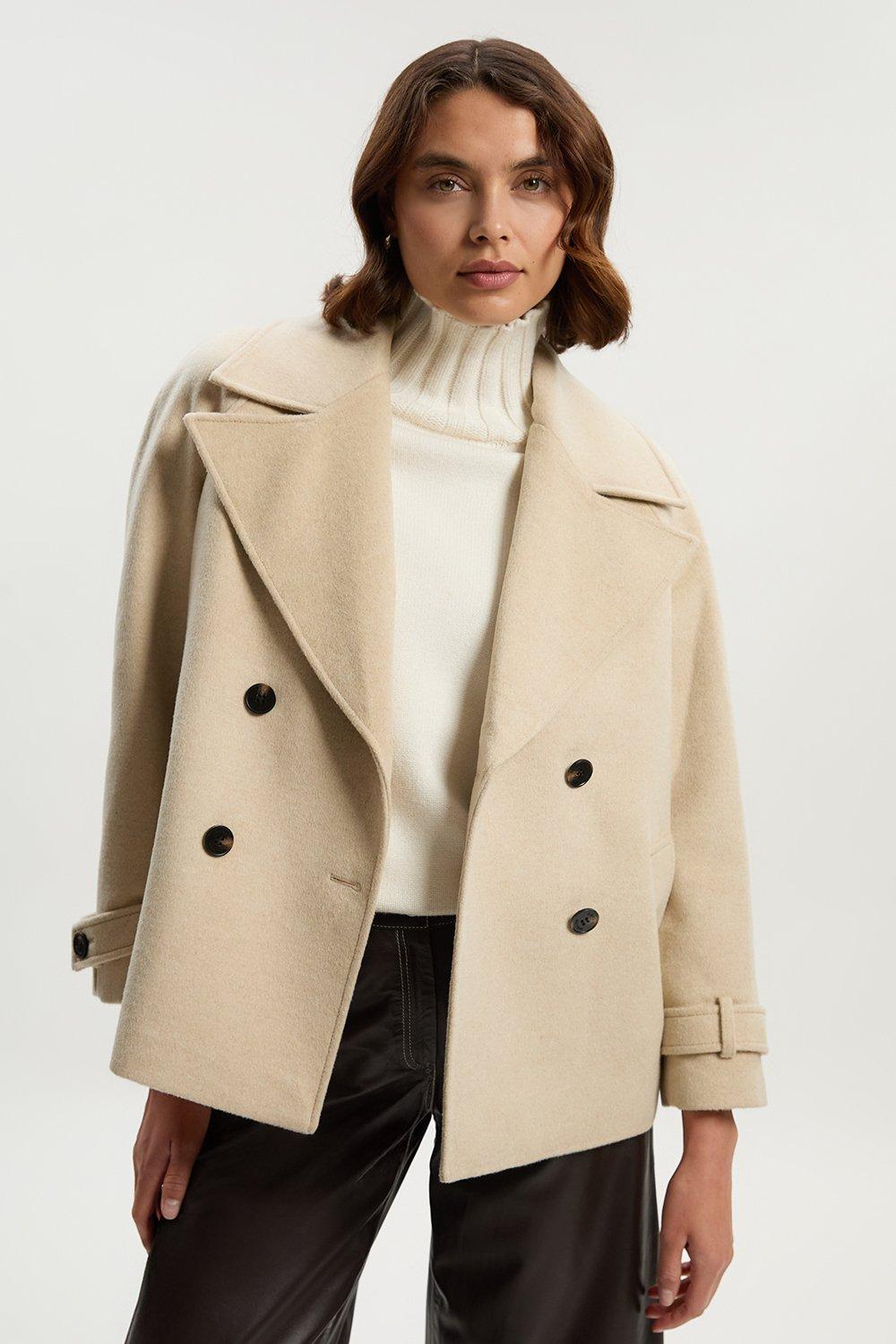 Petite Tailored Brushed Wool Double Breasted Short Pea Coat - Oatmeal