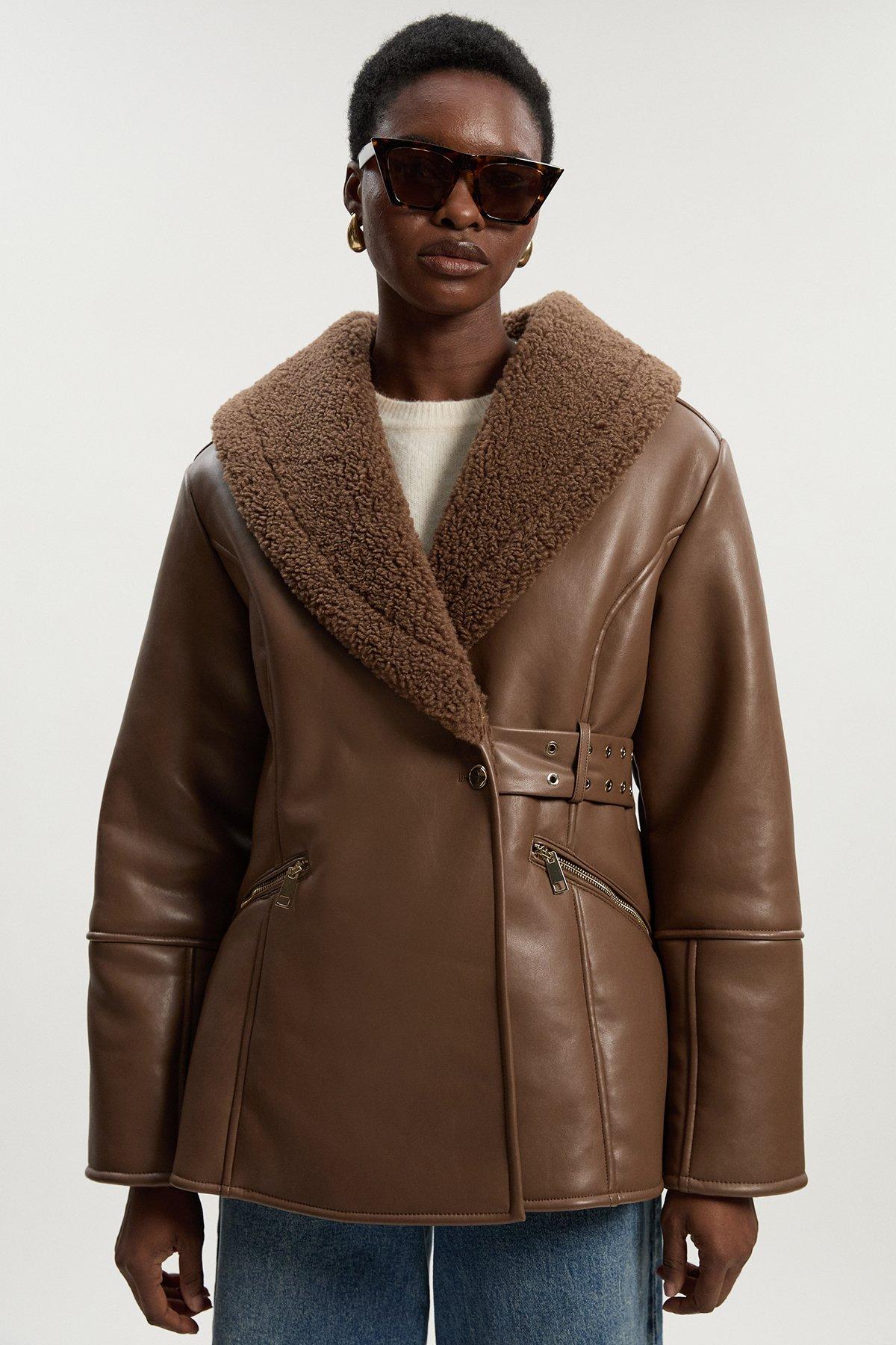 Faux Leather Bonded Waisted Peplum Coat - Brown