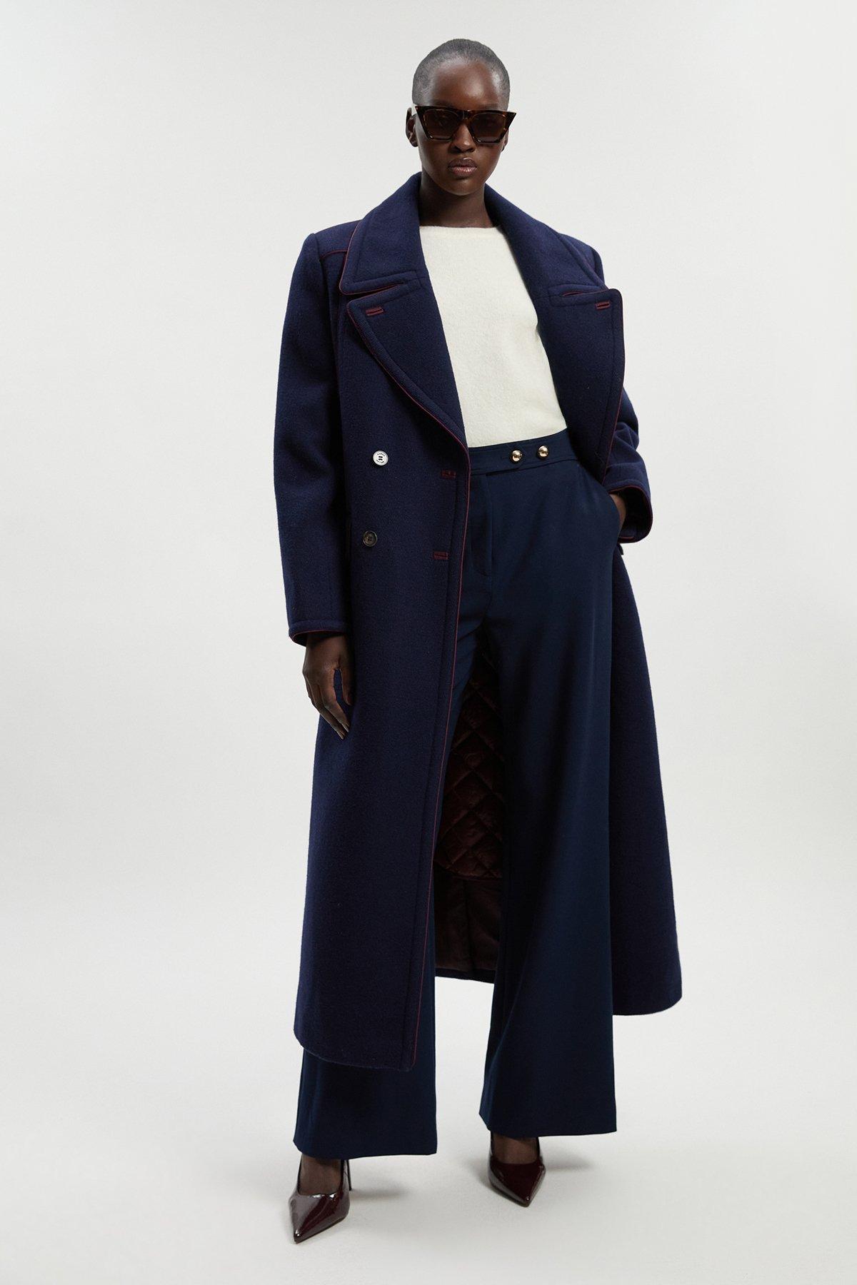 Wool Hybrid Double Breasted Tailored Midi Coat With Removable Padded Lining - Navy