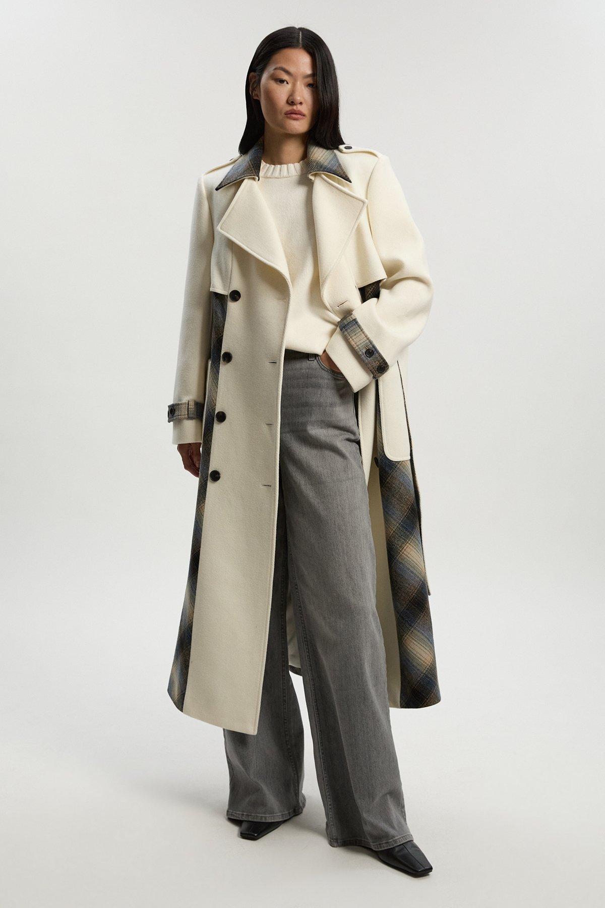 Wool Check Tailored Belted Trench Midi Coat - Ivory