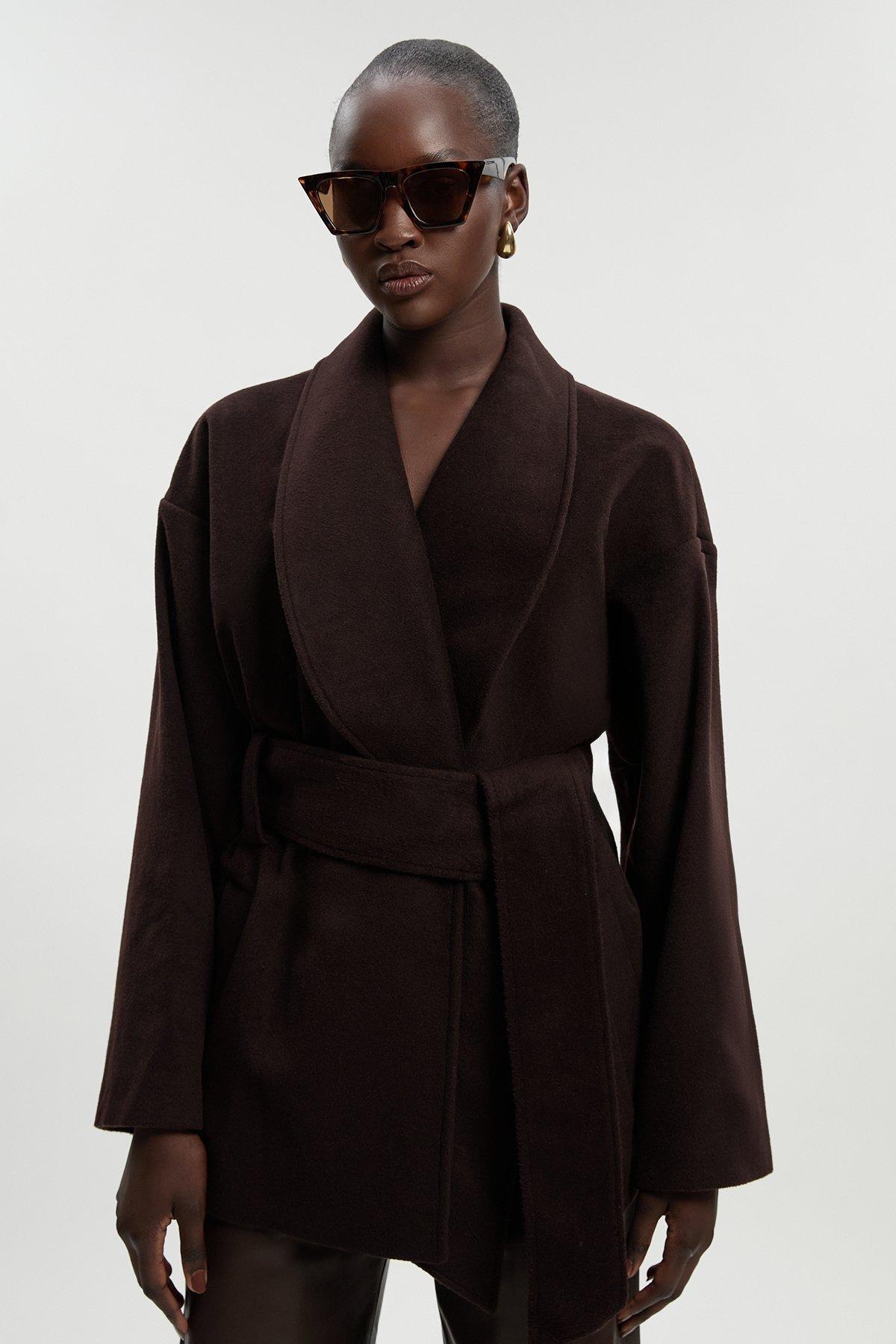 Tall Brushed Wool Belted Wrap Tailored Short Coat - Brown