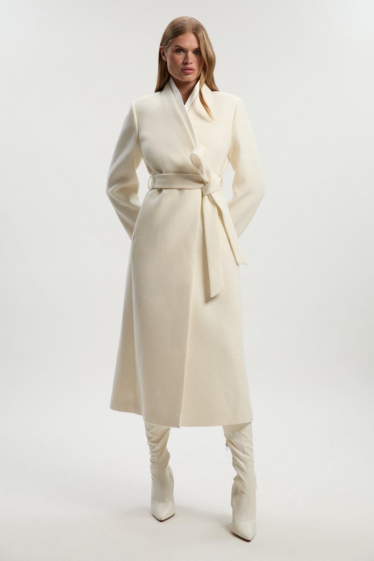 Brushed Wool Satin Mix Belted Wrap Neck Tailored Midi Coat - Ivory