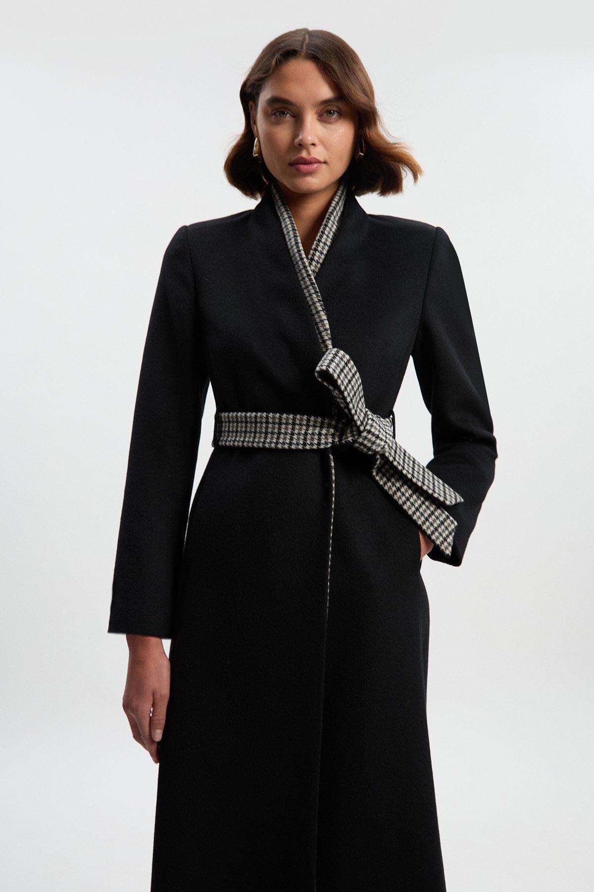 Brushed Wool Houndstooth Mix Belted Wrap Neck Tailored Midi Coat - Black