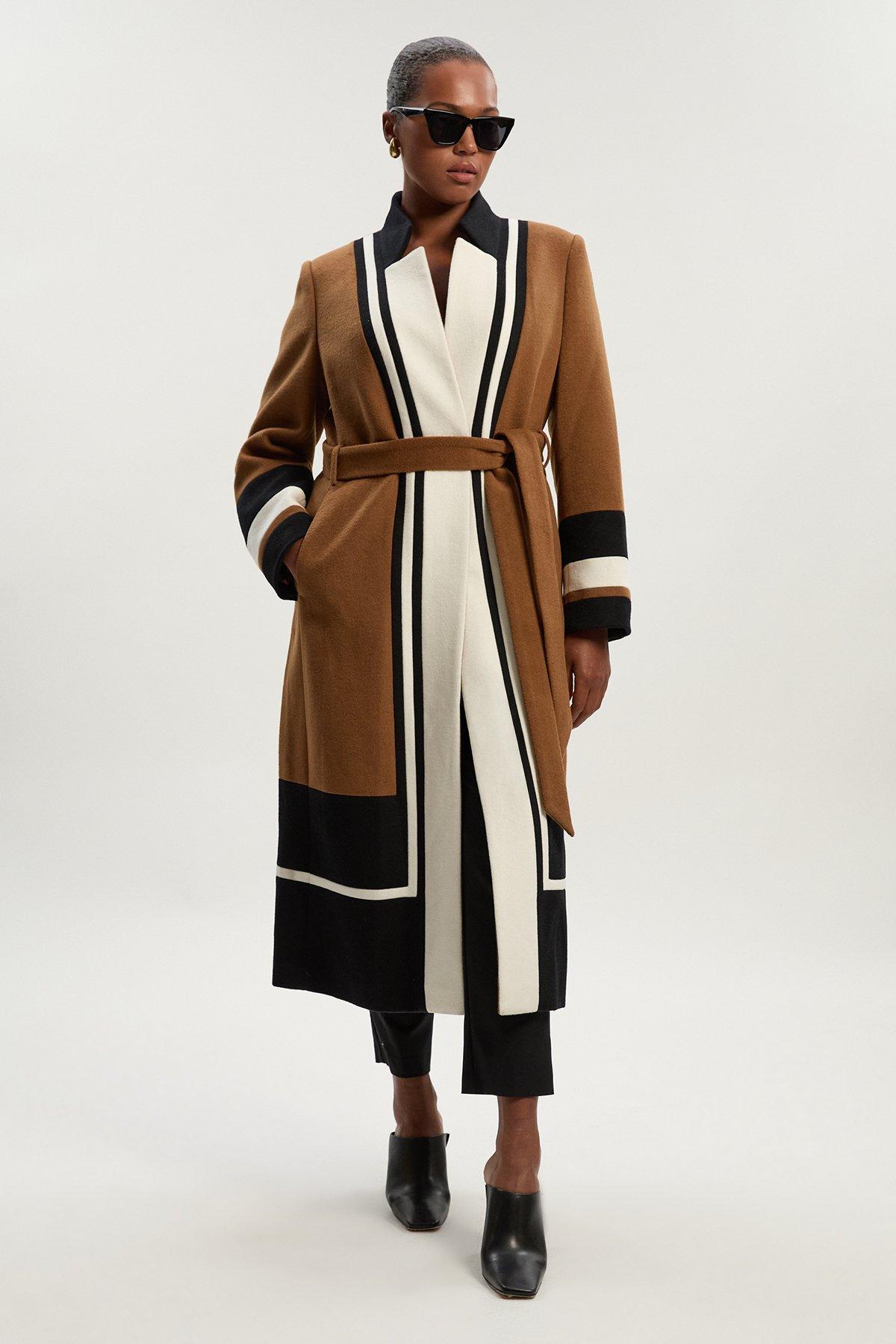 Plus Size Wool Colour Block Tailored Belted Midi Coat - Camel